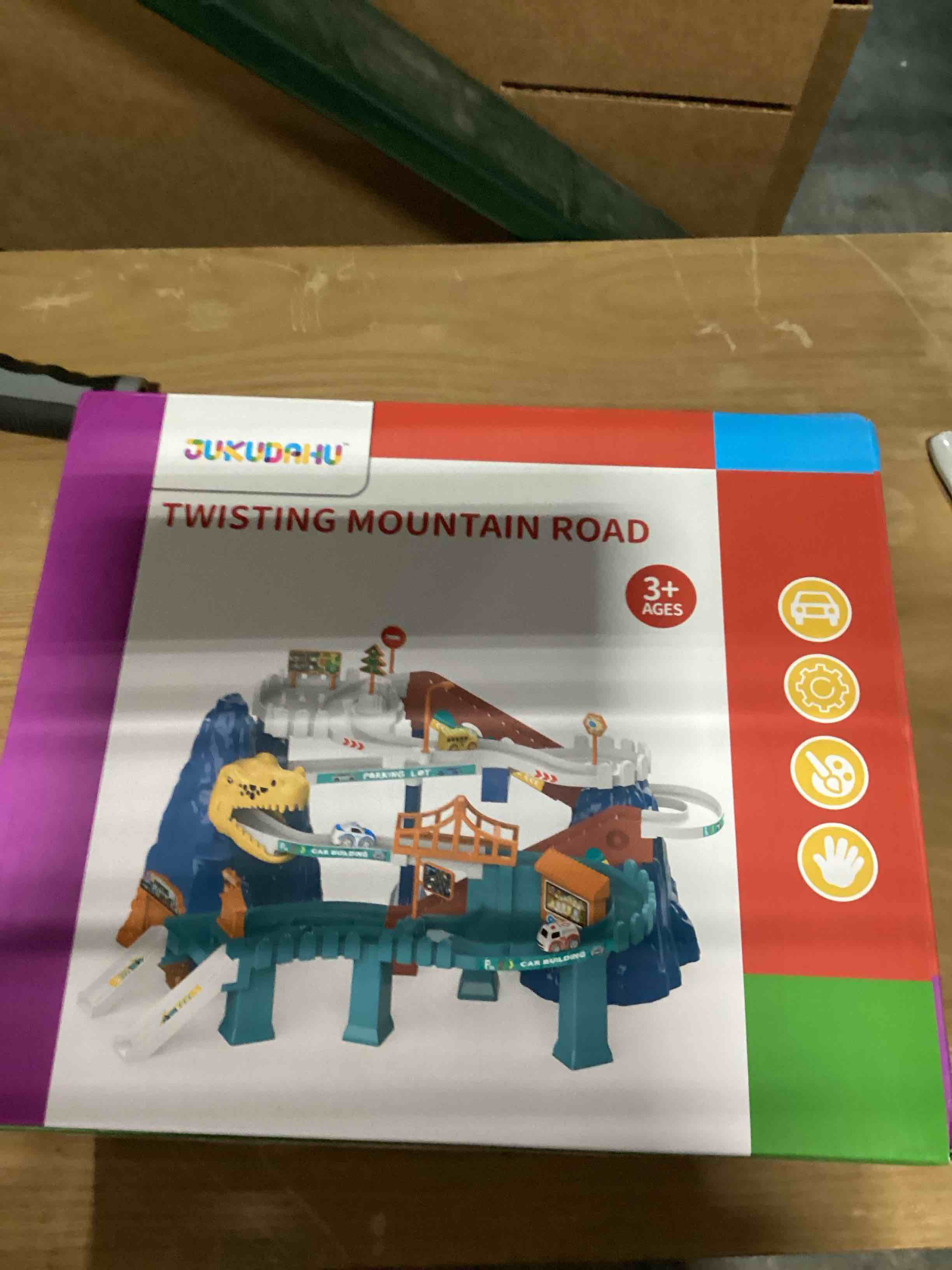 Condition photo showing As Is for Dinosaur Race Car Tracks for Toddlers 2-4 Years, Dinosaur Climbing Hills Railcar, Toy Car Track Play Set with 7 Small Race Cars, Preschool Birthday Gifts for 3 4 5 6 7 8 Year Old Boys Girls Dinosaur Car Track Toy