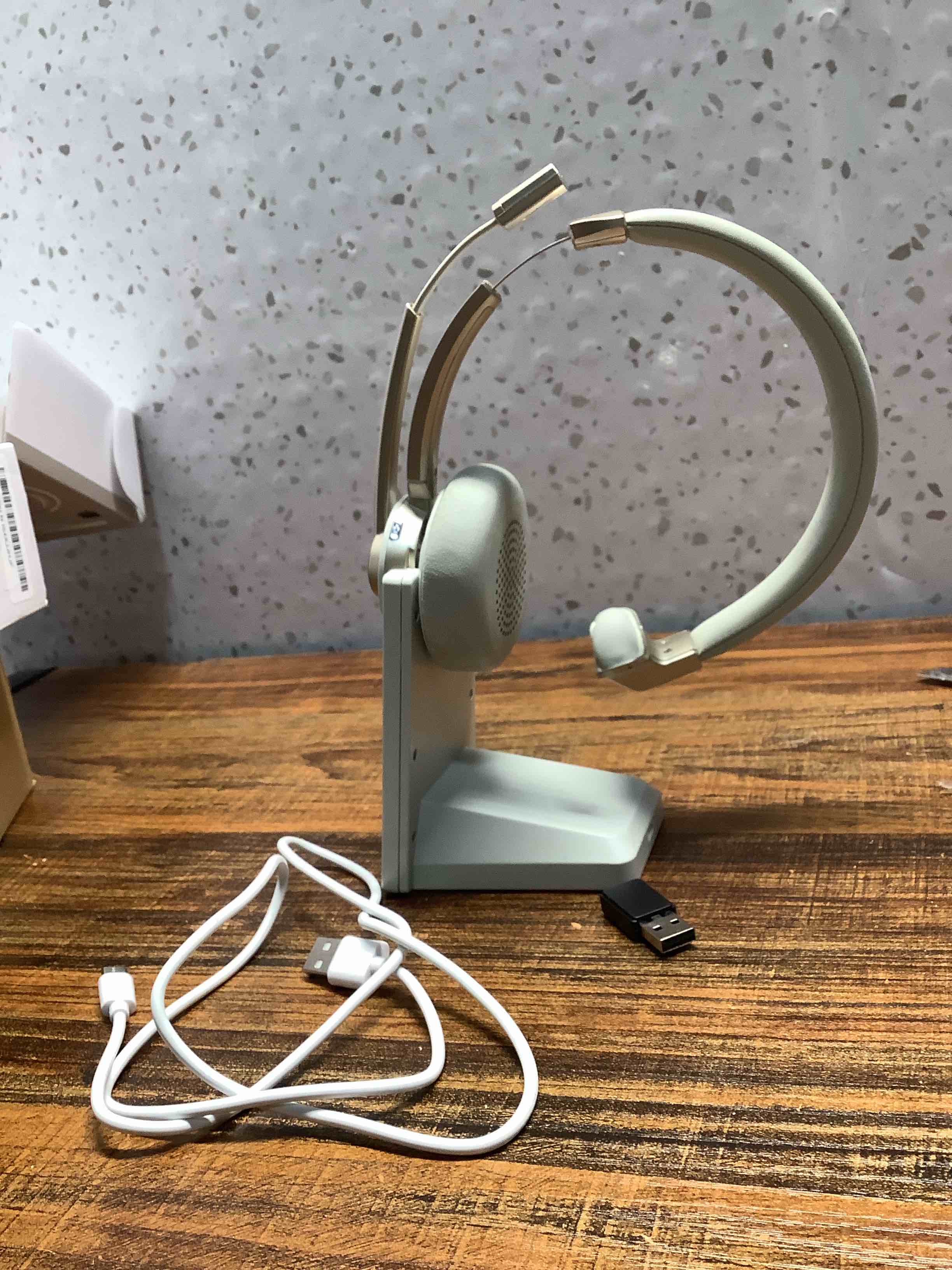 Condition photo showing Good Condition for Bluetooth Headset, Wireless Headphones with Microphone Noise Canceling & USB Dongle, V5.0 Trucker Bluetooth Headset with Mic Mute & Charge Dock for PC/Laptop/Phone/Meeting/CallCenter/Office Gold Wireless Single Ear