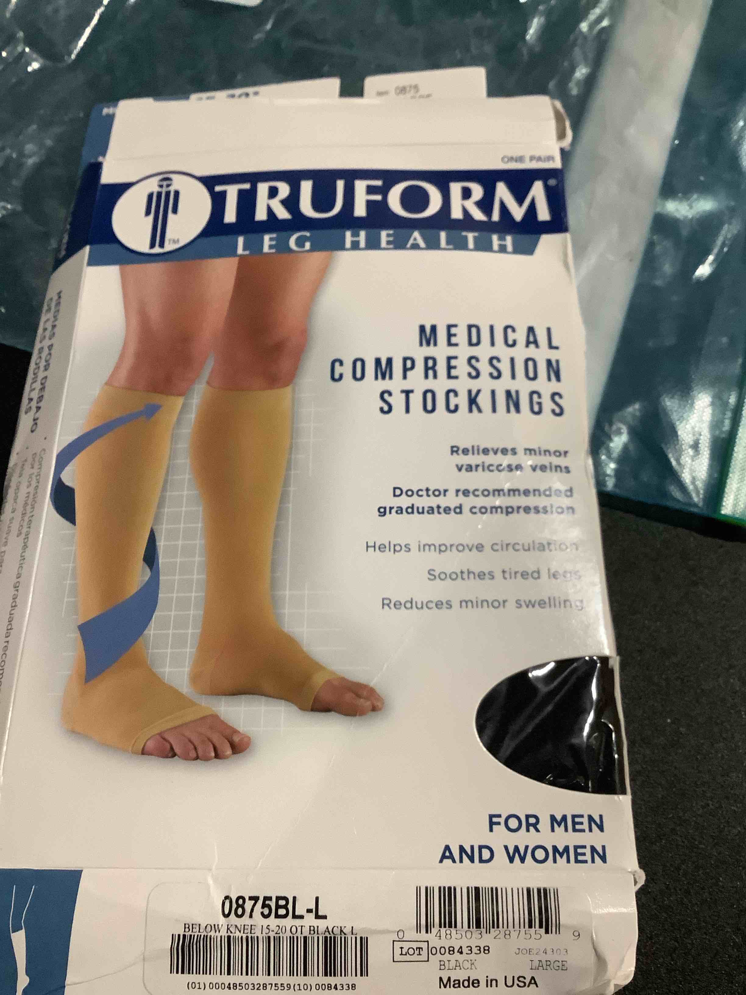 Condition photo showing Good Condition for Truform 15-20 mmHg Compression Stockings for Men and Women, Knee High Length, Open Toe, Black, Large Large (1 Pair) Black