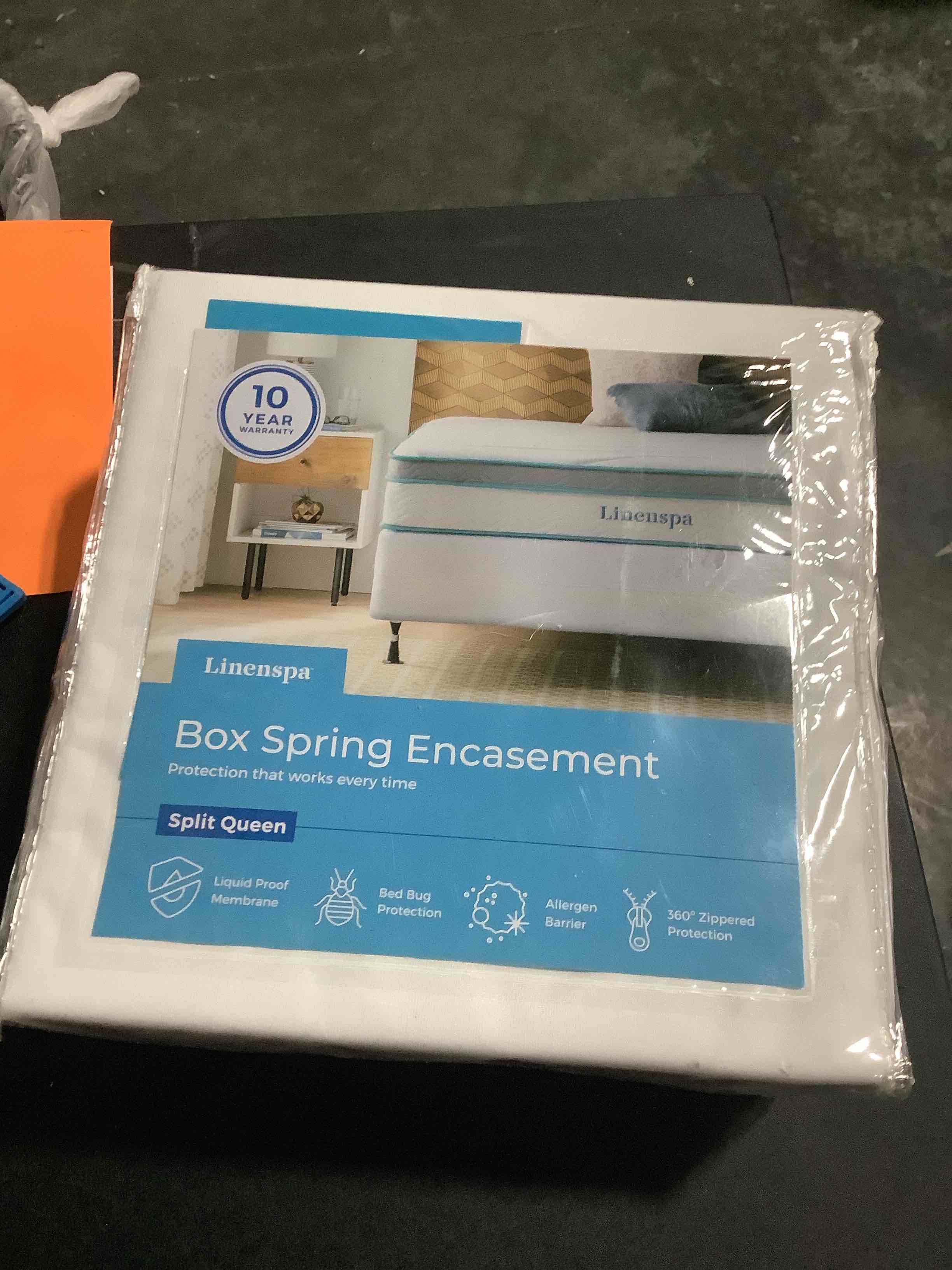 Condition photo showing Good Condition for Linenspa Box Spring Encasement Standard, Complete Protection with Zipper, Waterproof Box Spring Protector Standard, Split Queen , White