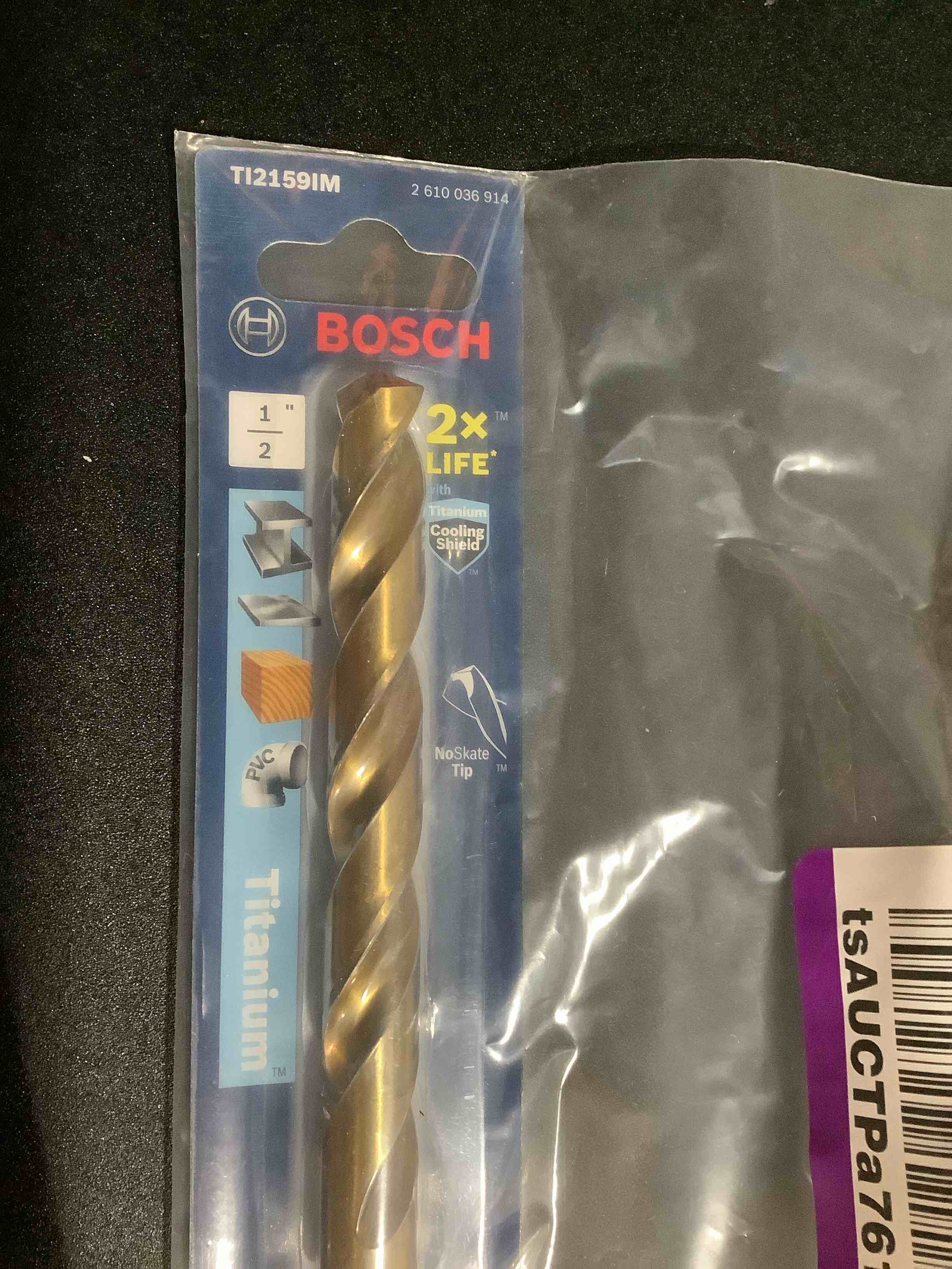 Condition photo showing New/Like New for BOSCH TI2159IM 1-Piece 1/2 In. x 6 In. Titanium Nitride Coated Metal Drill Bit Impact Tough with Impact-Rated Hex Shank for Applications in Heavy-Gauge Carbon Steels, Light Gauge Metal, Hardwood