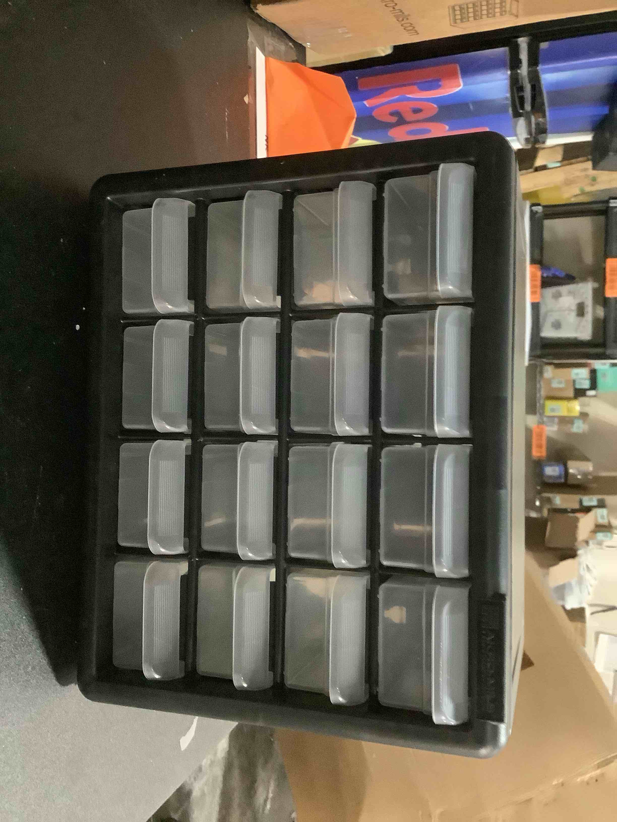 Condition photo showing Good Condition for Akro-Mils 16-Drawer Plastic Drawer Storage Cabinet for Garage Organization, Beads, Makeup Organizer, Building Bricks Storage, Teacher Toolbox, 10-1/2" W x 6-1/2" D x 8-1/2" H, 10116 Black