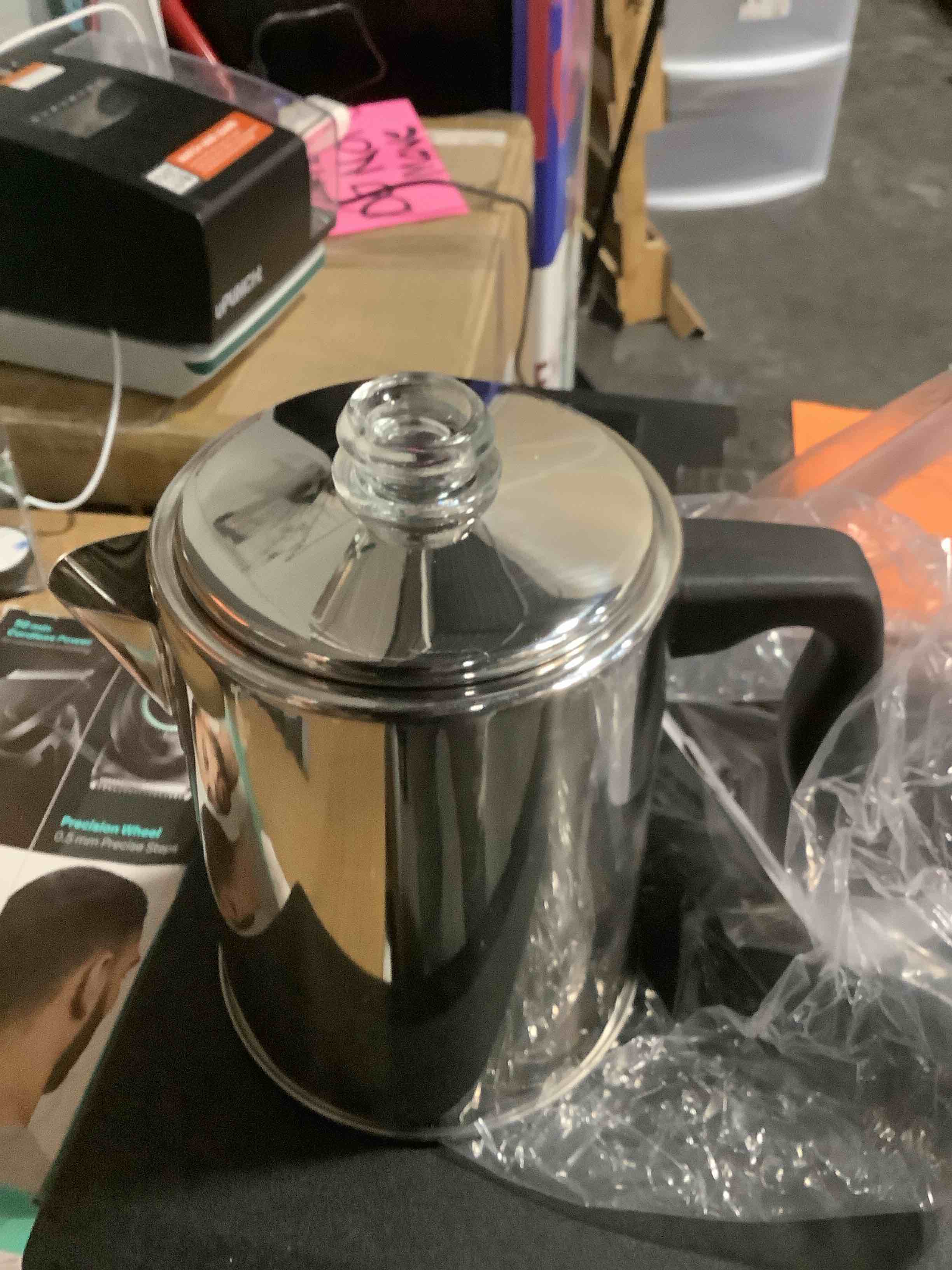 Condition photo showing Good Condition for Primula Stovetop Coffee Percolator, Premium Stainless Steel Coffee Maker with Reusable Filter Basket, Non-Drip Spout, Glass Knob Brew Indicator and Heat Resistant Handle, Dishwasher Safe, 8 Cup