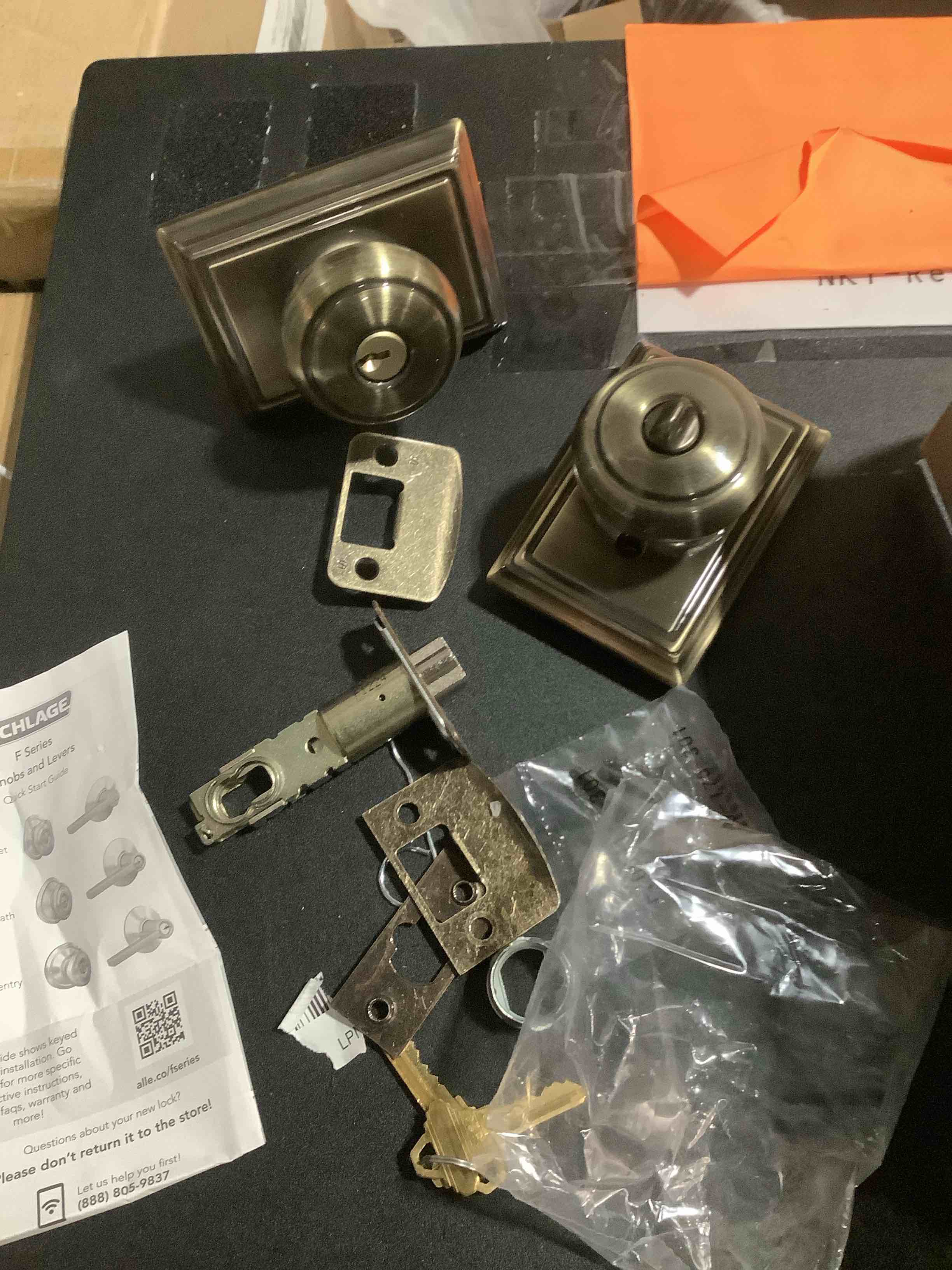 Condition photo showing As Is for SCHLAGE F51A AND 609 ADD Andover Knob with Addison Trim Keyed Entry Lock, Antique Brass Antique Brass Addison Keyed Entry