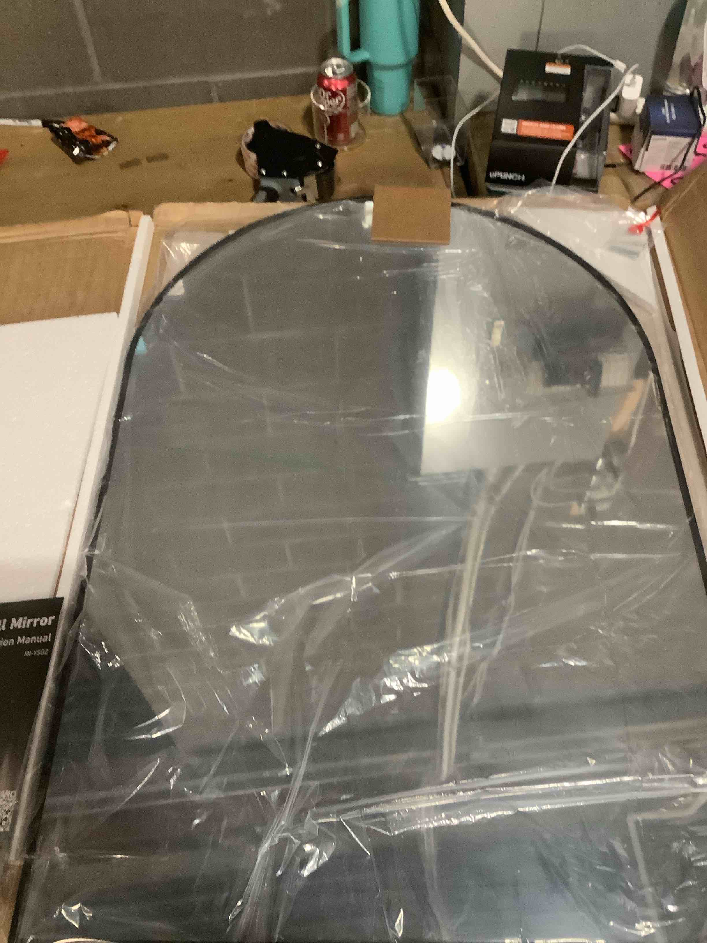 Condition photo showing Good Condition for 24"x36" Black Arched Bathroom Mirror - Wall Mirror for Bathroom, Metal Frame Vanity Mirror, Dresser Mirror, Arch Decorative Mirrors for Living Room, Bedroom, Entryway, Mantle