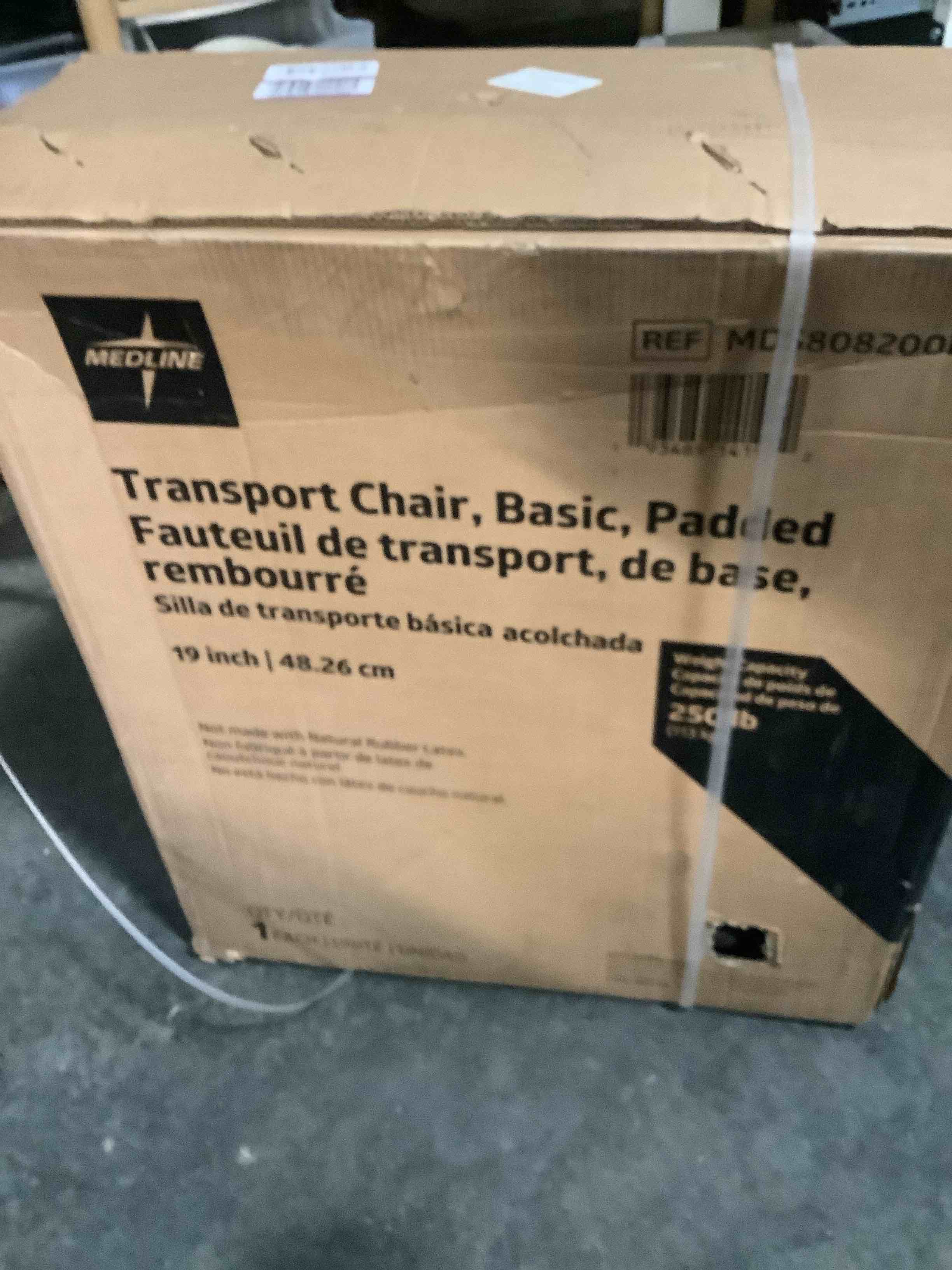 Condition photo showing New/Like New for Medline Carbon Steel Folding Transport Chair with Swing-Back Arms, Swing-Away Foot Rests, Portable Mobility for Adults & Seniors, 19" Wide Padded Seat, 250 lb. Capacity, Black