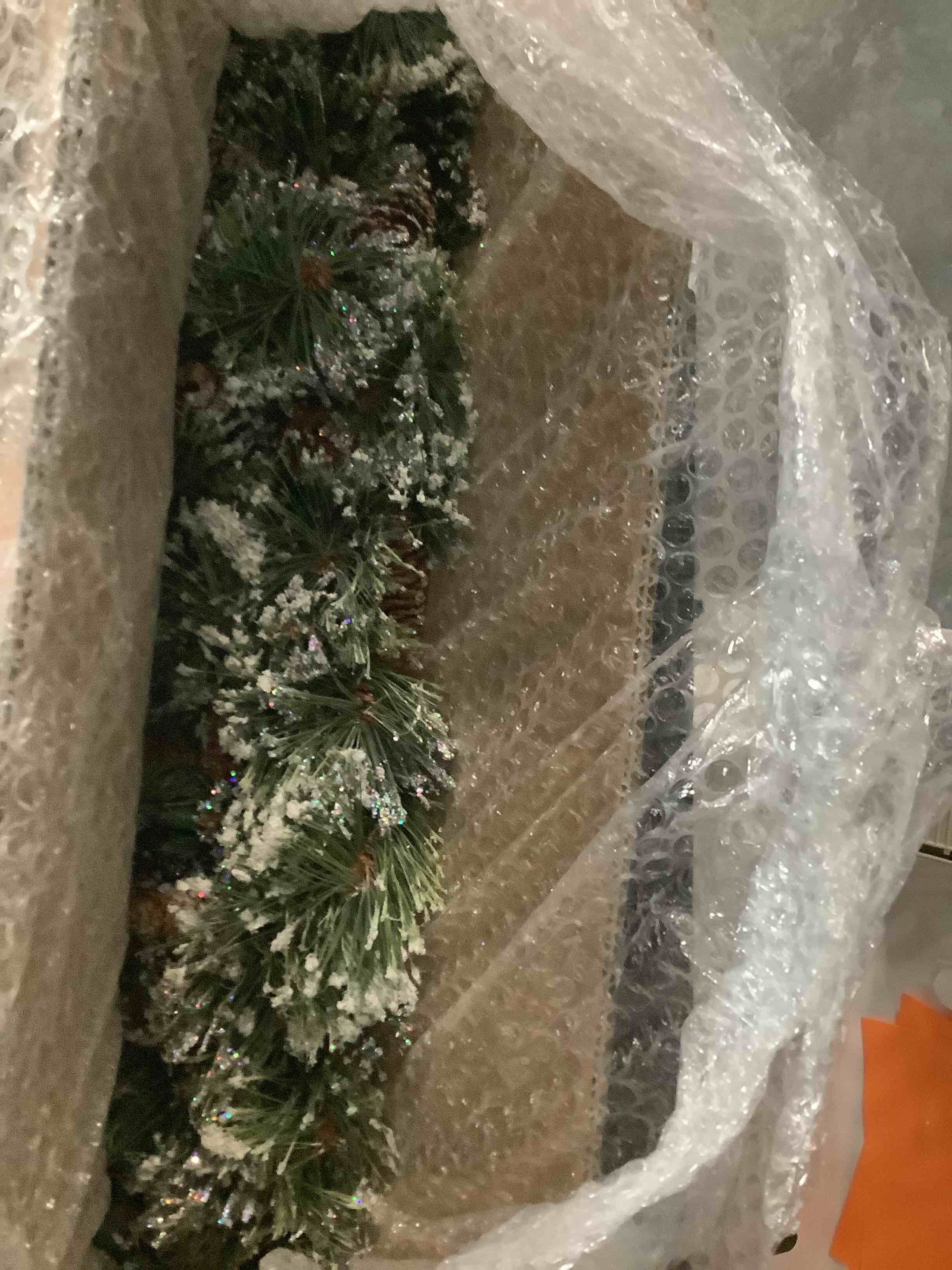 Condition photo showing Good Condition for National Tree Company Pre-Lit Artificial Christmas Garland, Green, Glittery Bristle Pine, White Lights, Decorated With Pine Cones, Frosted Branches, Plug In, Christmas Collection, 9 Feet