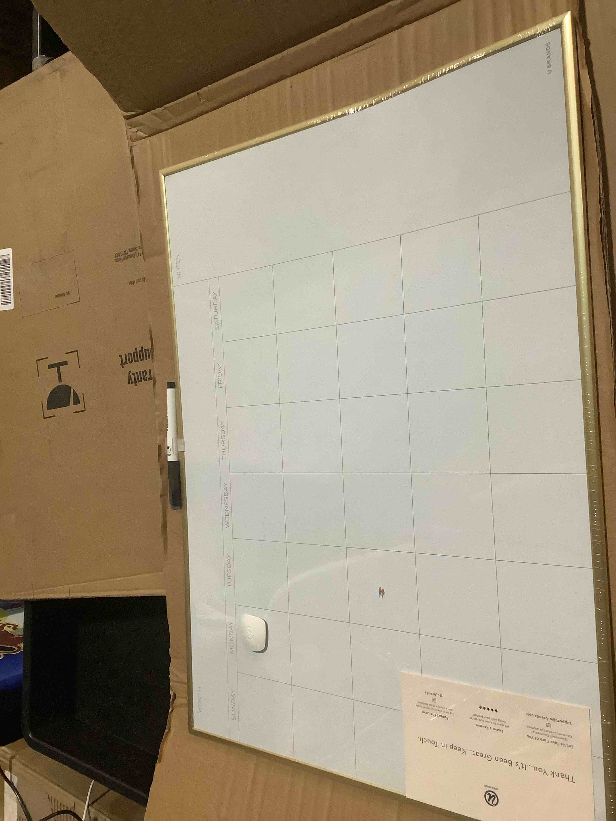 Condition photo showing Good Condition for U Brands Magnetic Dry Erase Calendar White Board for Wall, 24" x 18", Dry Erase Board White Board Calendar with Gold Aluminum Frame, Includes a Magnet and a Marker 24"W x 18"H Gold Frame