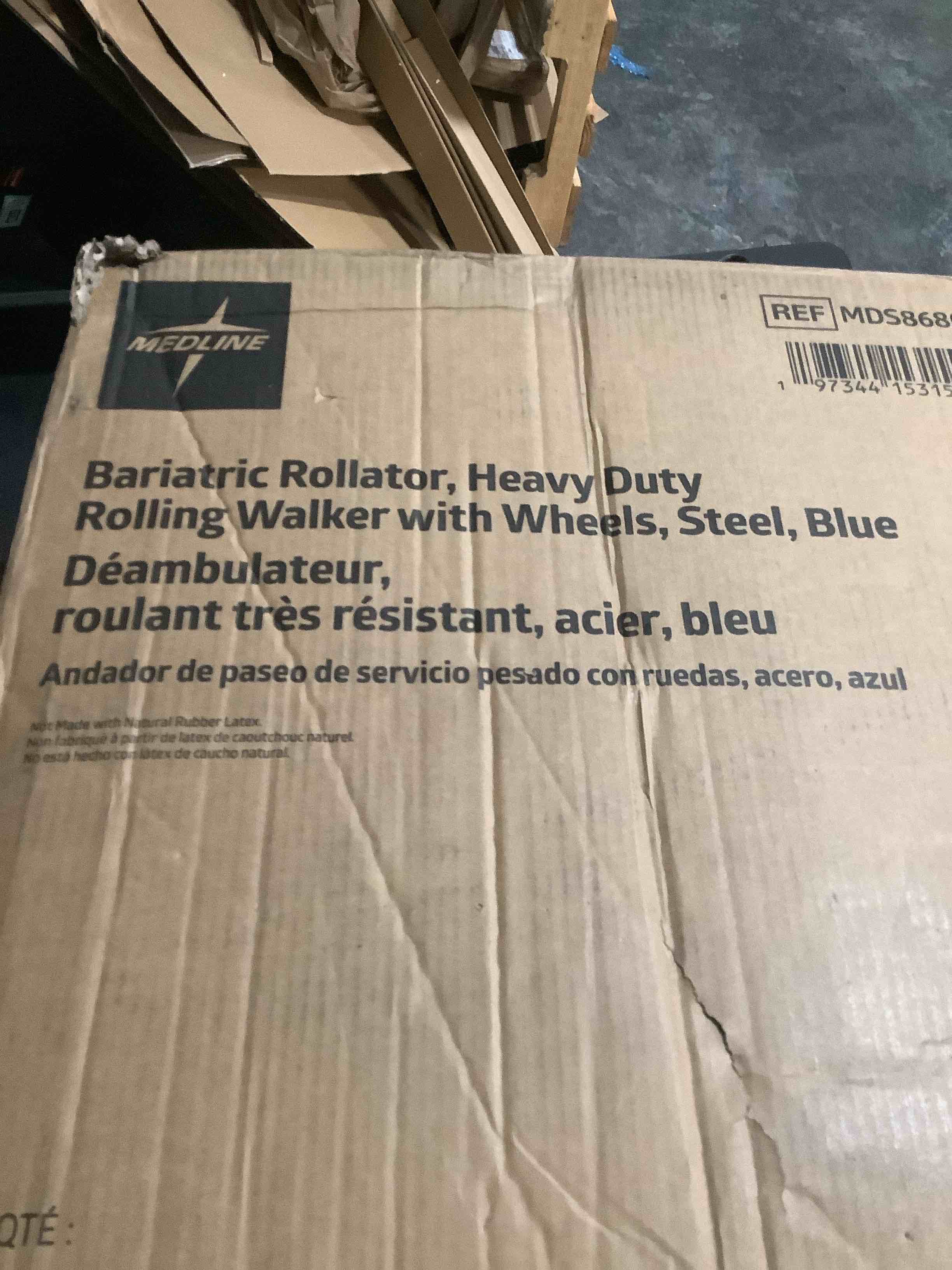 Condition photo showing As Is for Medline Large Steel Bariatric Rollator Walker with Adjustable Handles, Padded Seat & Backrest, Blue, 500 lb. Weight Capacity, Foldable, Under Seat Storage, 8" Wheels, for Seniors & Adults