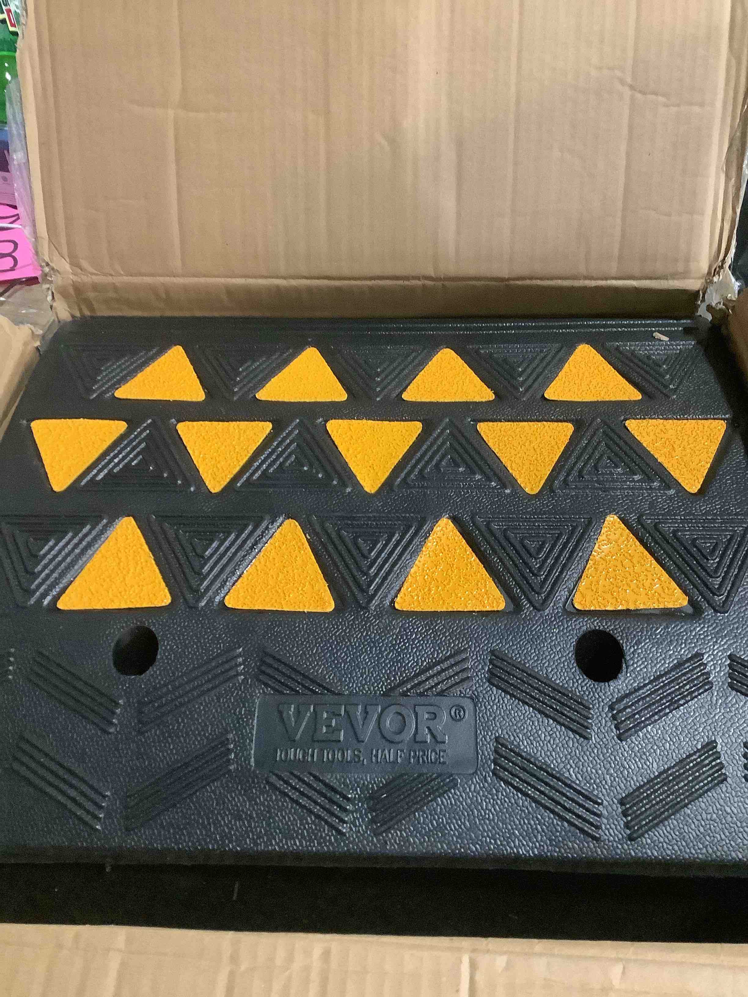 Condition photo showing Good Condition for VEVOR Rubber Curb Ramp, 6" Rise Height 2 Pack, Heavy-Duty 33069 lbs/15 T Capacity Threshold Ramps, 19" L x 15" W Driveway Ramps with Stable Grid Structure for Cars, Wheelchairs, Bikes, Motorcycles 6" H