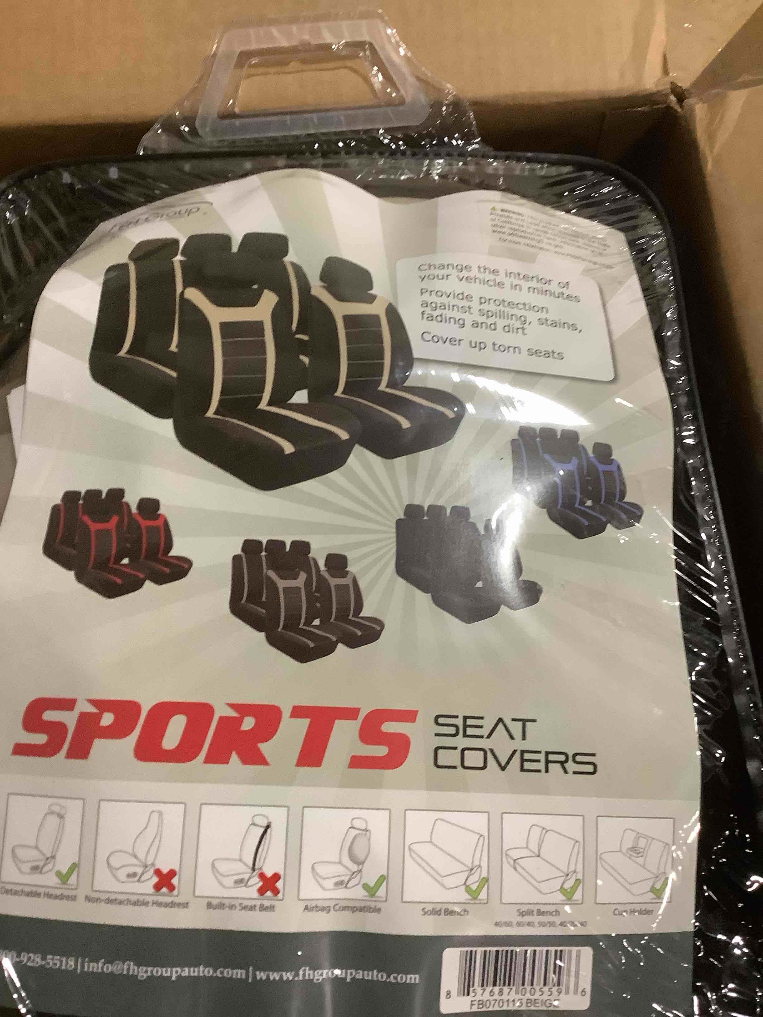 Condition photo showing Good Condition for FH Group Full Set Cloth Car Seat Covers - Universal Fit, Low Back Front Seat Covers, Airbag Compatible, Split Bench Rear Seat, Washable Seat Cover for SUV, Sedan, Van Beige