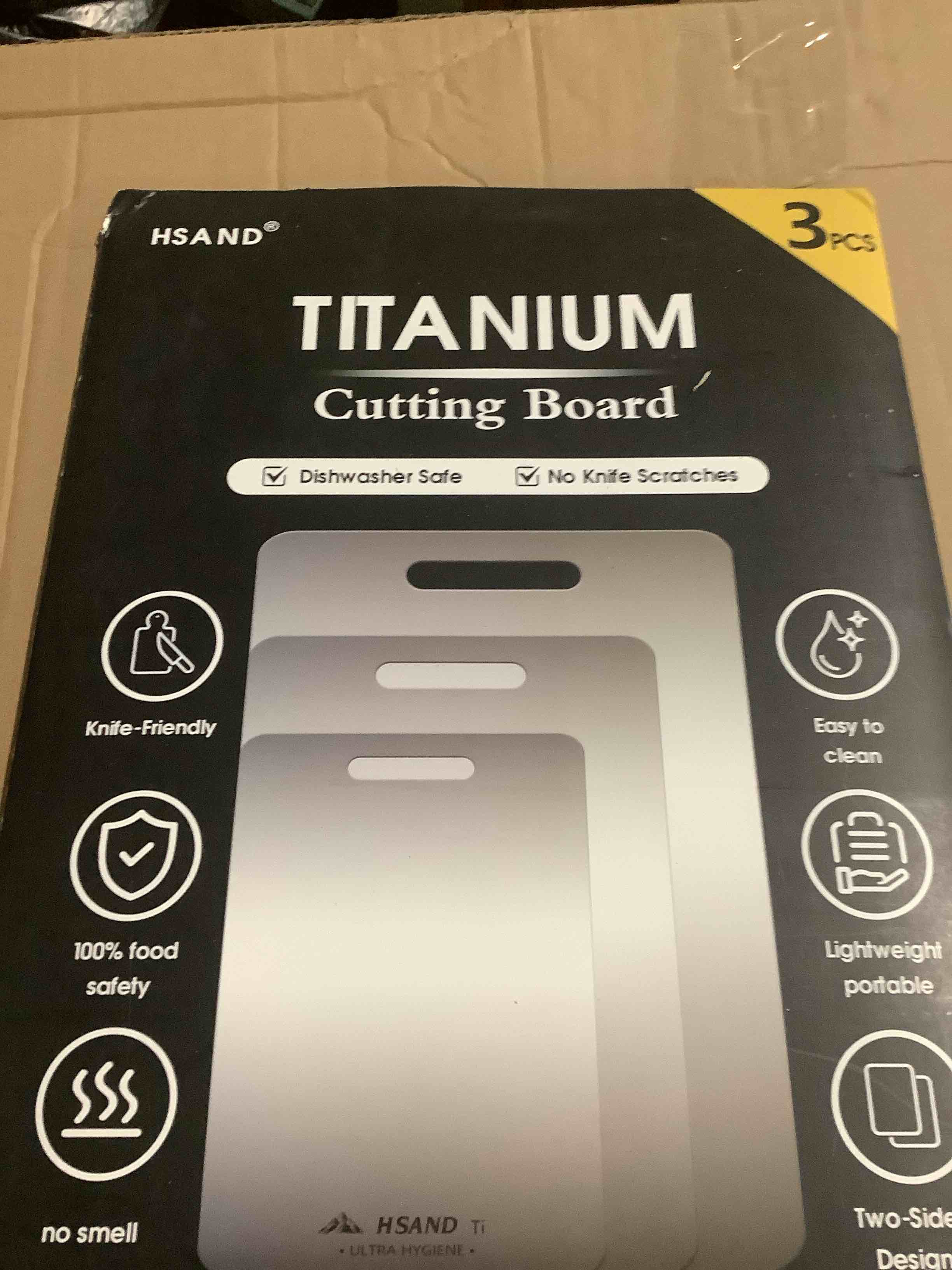Condition photo showing Good Condition for 3PCS Titanium Cutting Boards for Kitchen, 100% Pure Titanium Cutting Boards, Double-sided Food Grade & Non Toxic Cutting Board, Easy to clean, Knife-Friendly, Dishwasher 12"x9"+14"x10"+18"x12"