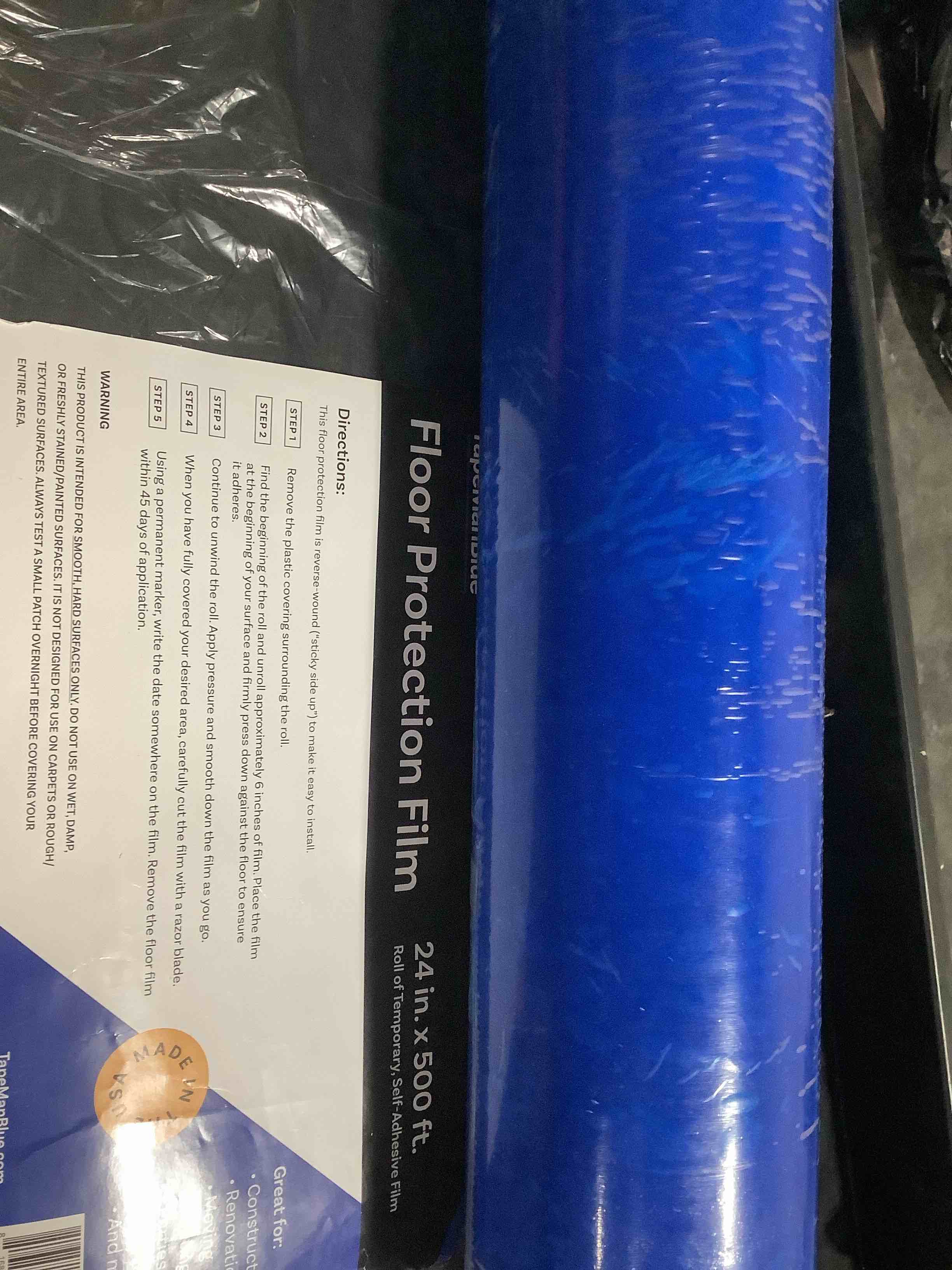 Condition photo showing Good Condition for Floor Protection Film, 24" x 500', Made in USA, Blue Self Adhesive Floor Protector Tape for Moving, Painting and Construction, Temporary Floor Covering to Shield Hardwood Floors, Tile, Hard Surfaces