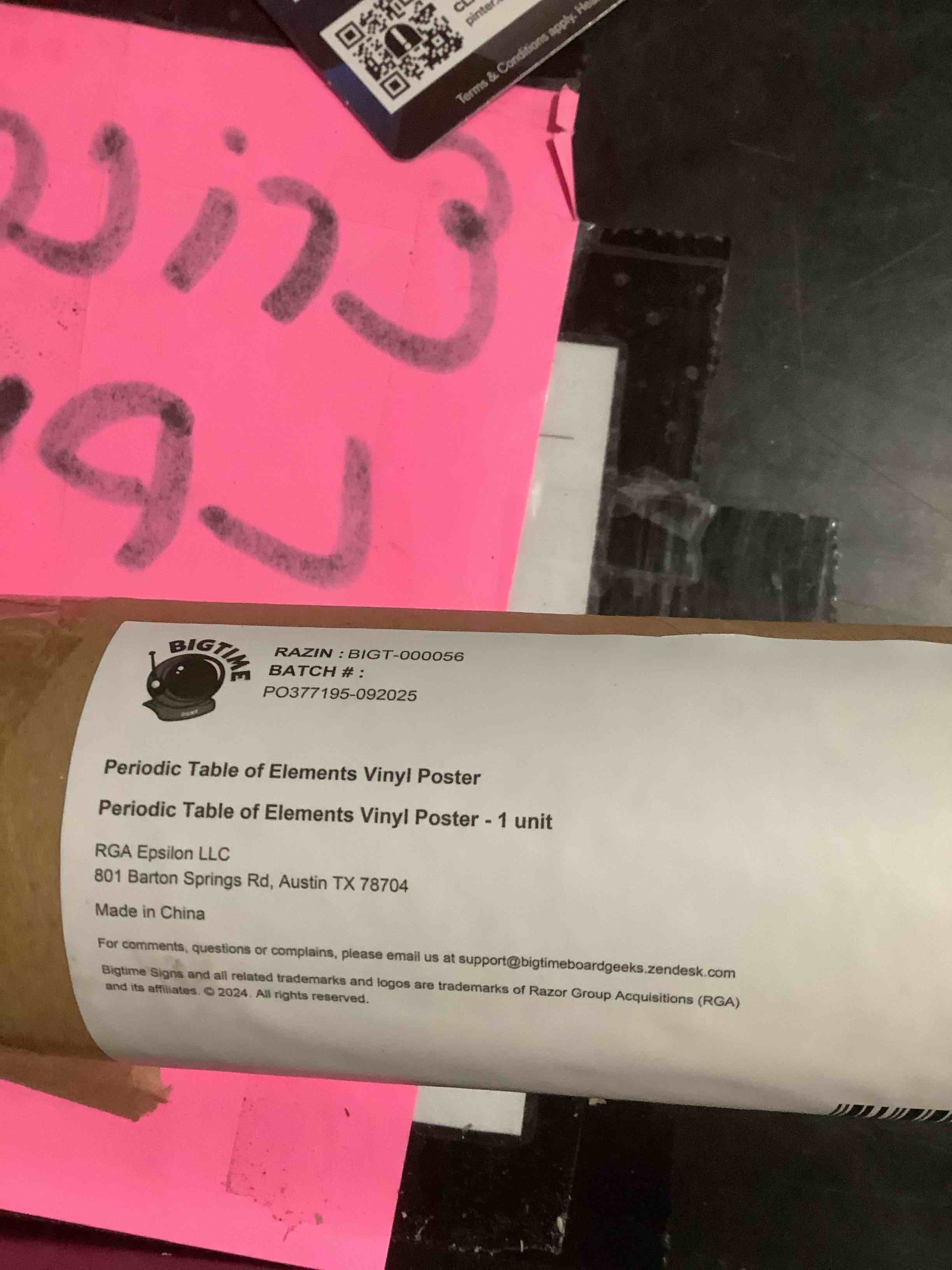 Condition photo showing Good Condition for Bigtime Signs Periodic Table with Real Elements Inside - 2025 Black 35" 54" Chemistry Poster - Science Posters Periodic Table (All 118 Elements) 54"L x 35"W