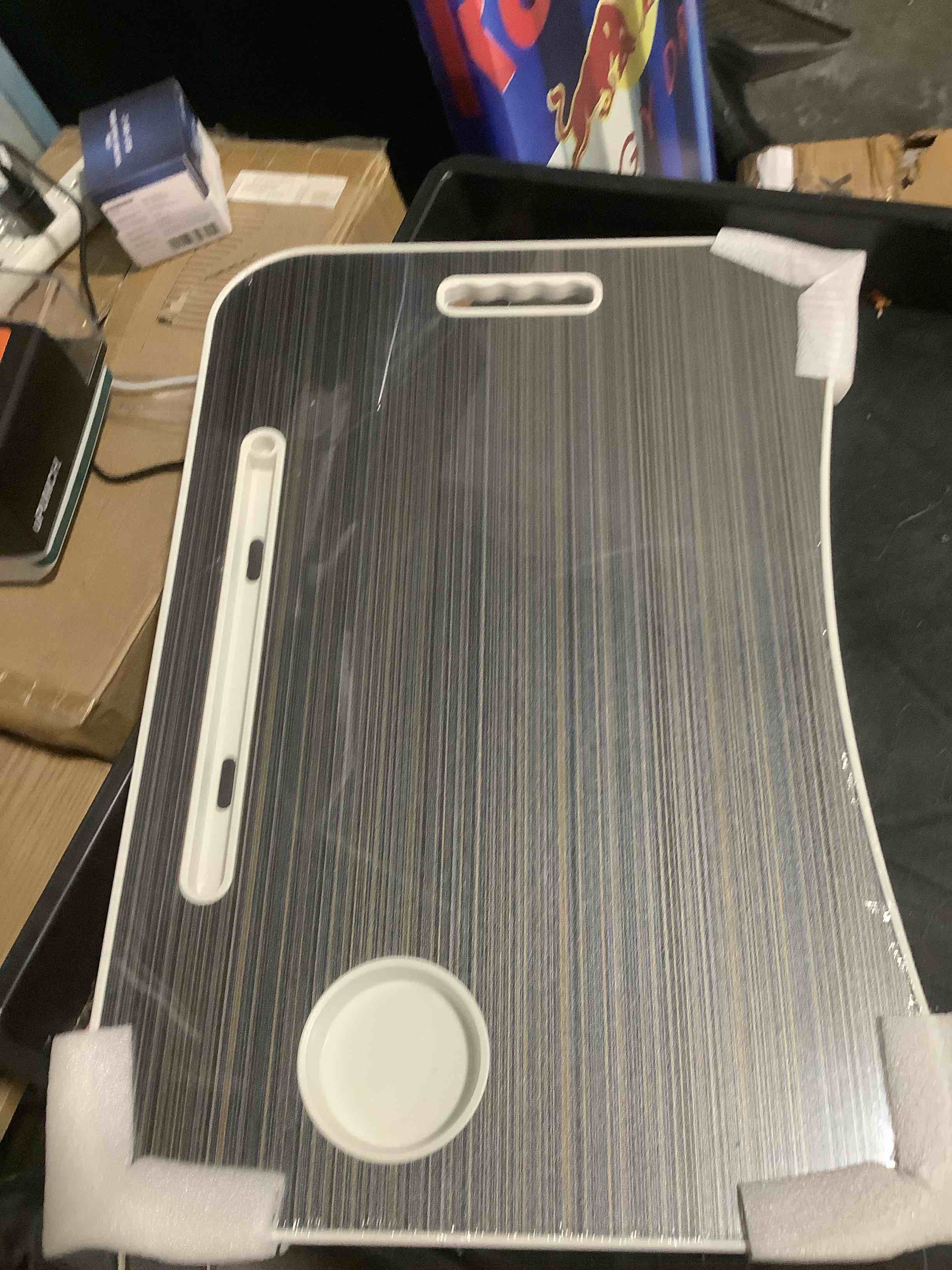 Condition photo showing Good Condition for BUYIFY Folding Lap Desk, 23 Inch Portable Wood Black Laptop Bed Desk Lap Desk with Cup Holder, for Working Reading Writing, Eating, Watching Movies for Bed Sofa Couch Floor