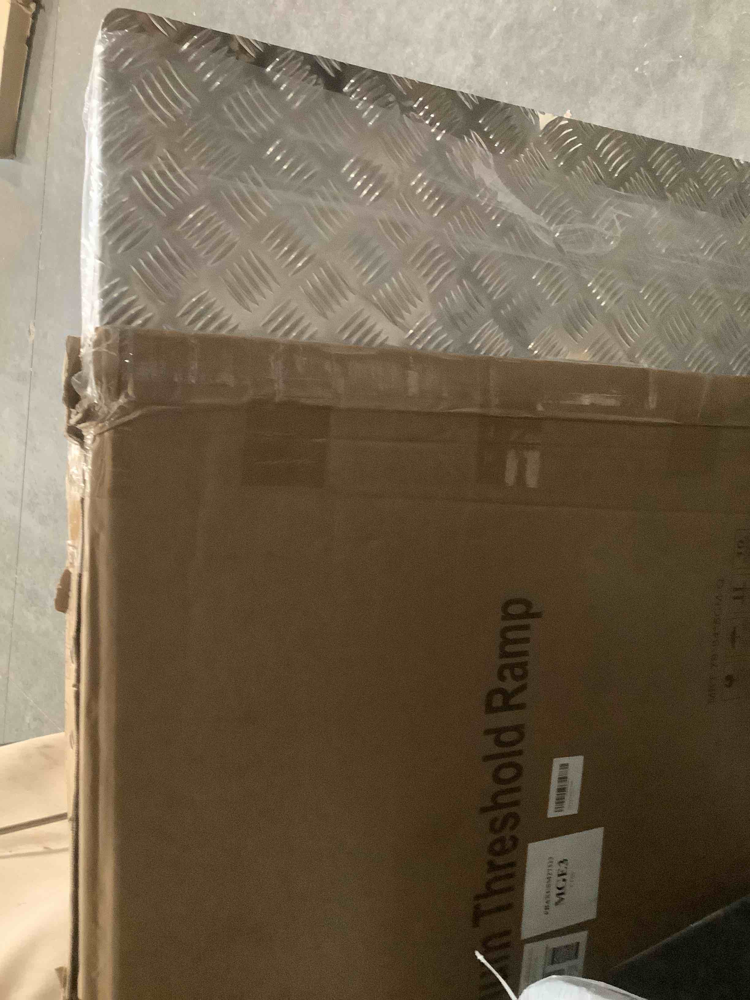 Condition photo showing Good Condition for Aluminum Door Threshold Ramps for Doorway Wheelchair Ramp for Home Steps 3-6" Rise Portable Wheelchair Ramp for Shed Doorway Stairs 31.5x33 Shed Handicap Wheel Chair Ramps for Home Entry Riding Mower 3-6 inch