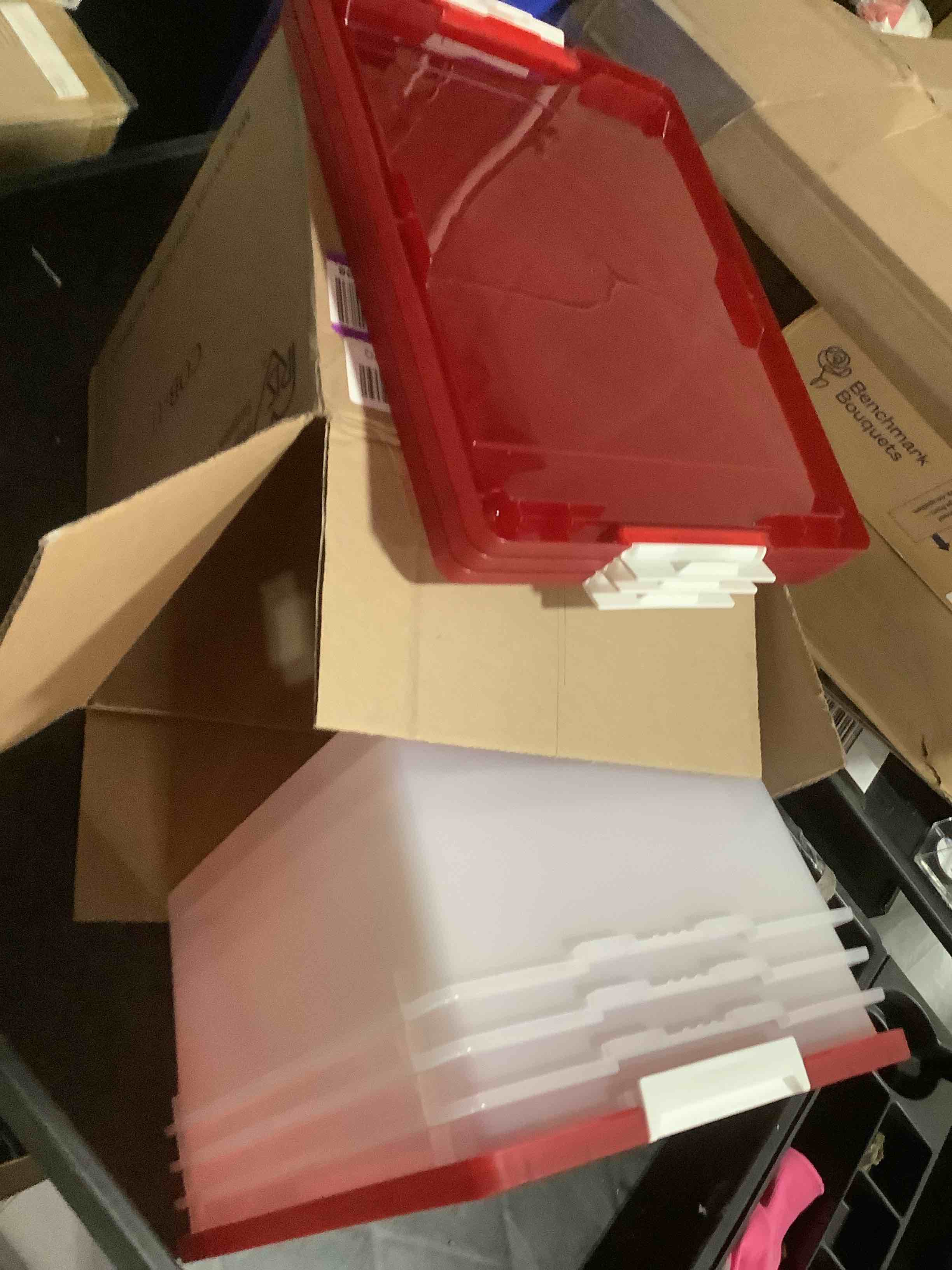 Condition photo showing Good Condition for IRIS USA 12 Qt. Plastic Storage Bins Containers with Lids, 4 Pack, Sensory Bin, Craft Storage, Craft Organizers and Storage, Organizing Container for Home, Office School Supplies, Stackable, Clear/Red