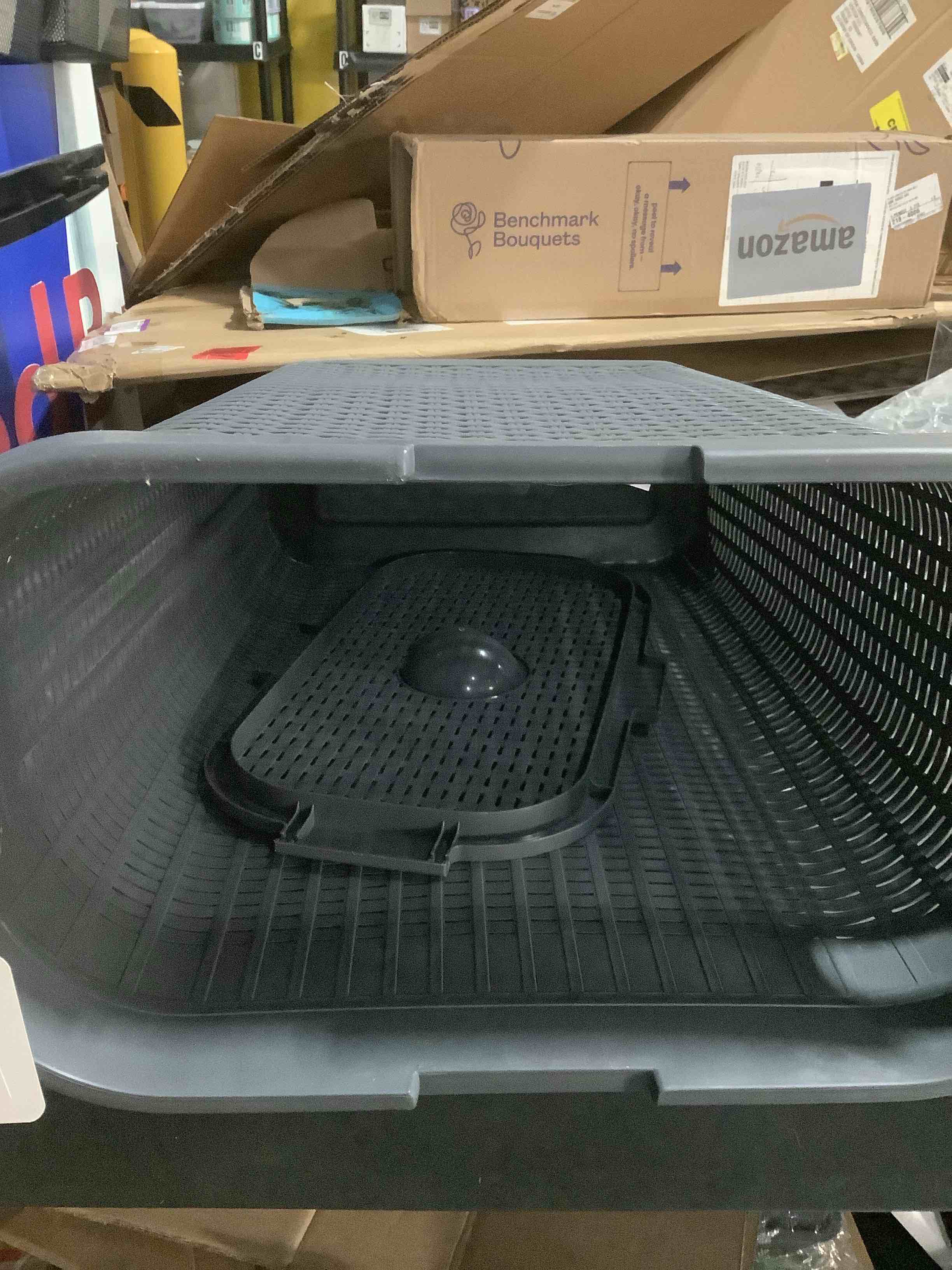 Condition photo showing Good Condition for Mind Reader Slim Laundry Hamper with Lid, 40L Clothes Basket, Premium Wicker Design, Plastic, Gray Gray Single