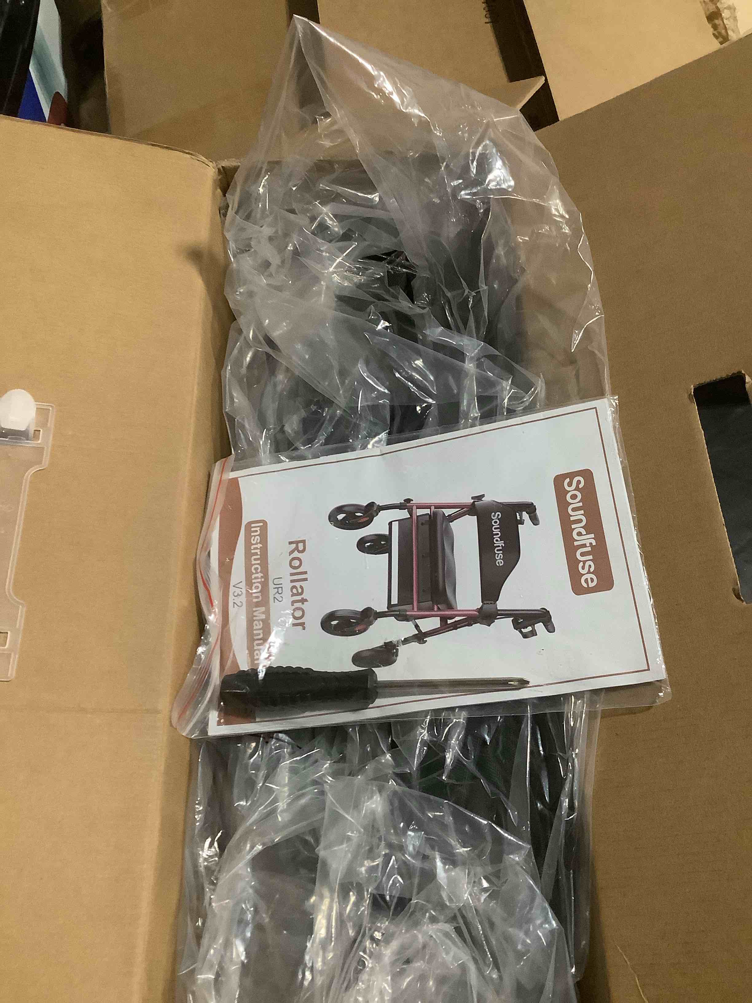 Condition photo showing Good Condition for Soundfuse Rollator Walkers with Seat for Seniors, Foldable 8" Big Wheels All Terrain Rolling Walker, Handles and Ergonomic Seat Height Adjustable, 350lb Weight Capacity Burgundy