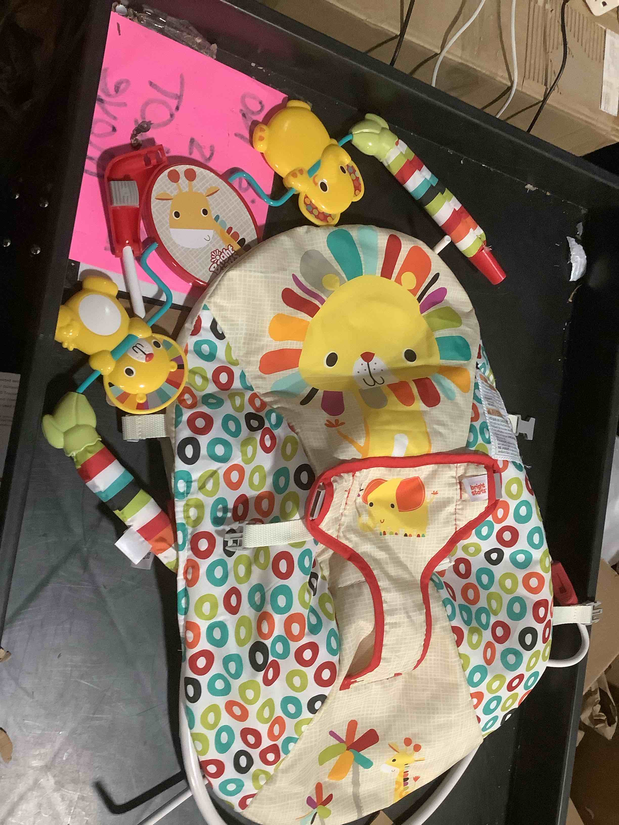 Condition photo showing As Is for Bright Starts Portable Baby Bouncer Soothing Vibrations Infant Seat with Removable-Toy-Bar, 0-6 Months 6-20 lbs (Playful Pinwheels)
