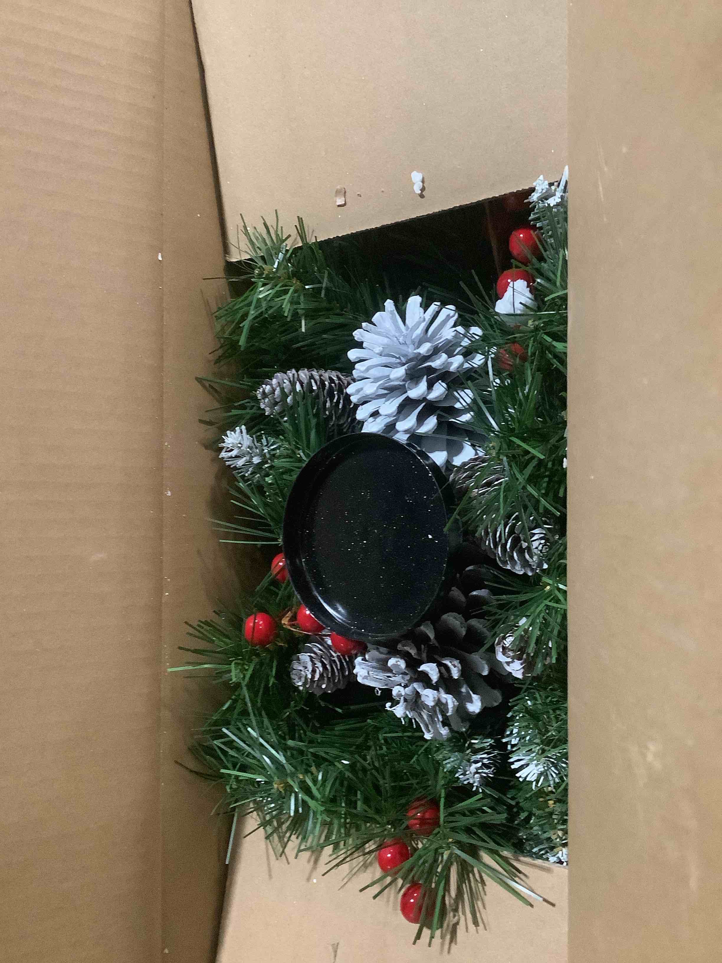 Condition photo showing Good Condition for National Tree Company 30 in Unlit Frosted Berry Artificial Christmas Centerpiece, Christmas Decoration For 3 Pillar Style Candles, with Red Berries, Pinecones, 58 Tips, Green Candleholder Sets