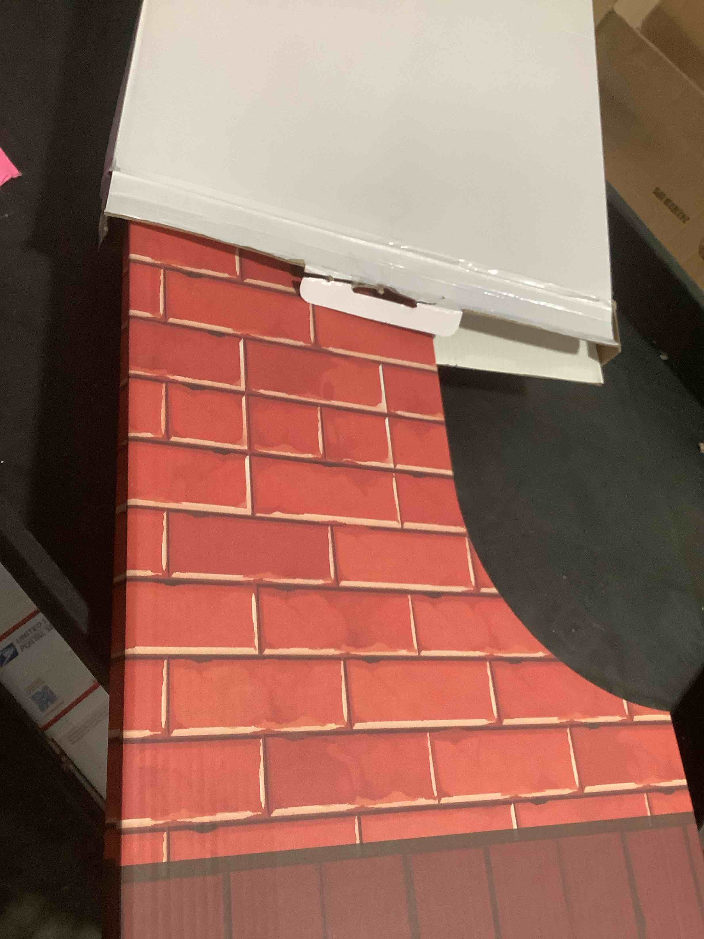 Condition photo showing Good Condition for Christmas Fireplace Chimney Cardboard Giant Red Brick Cardboard 3D Fireplace Fake Centerpiece for Christmas Party Backdrop Decoration 31.5 x 25 x 7 Inches