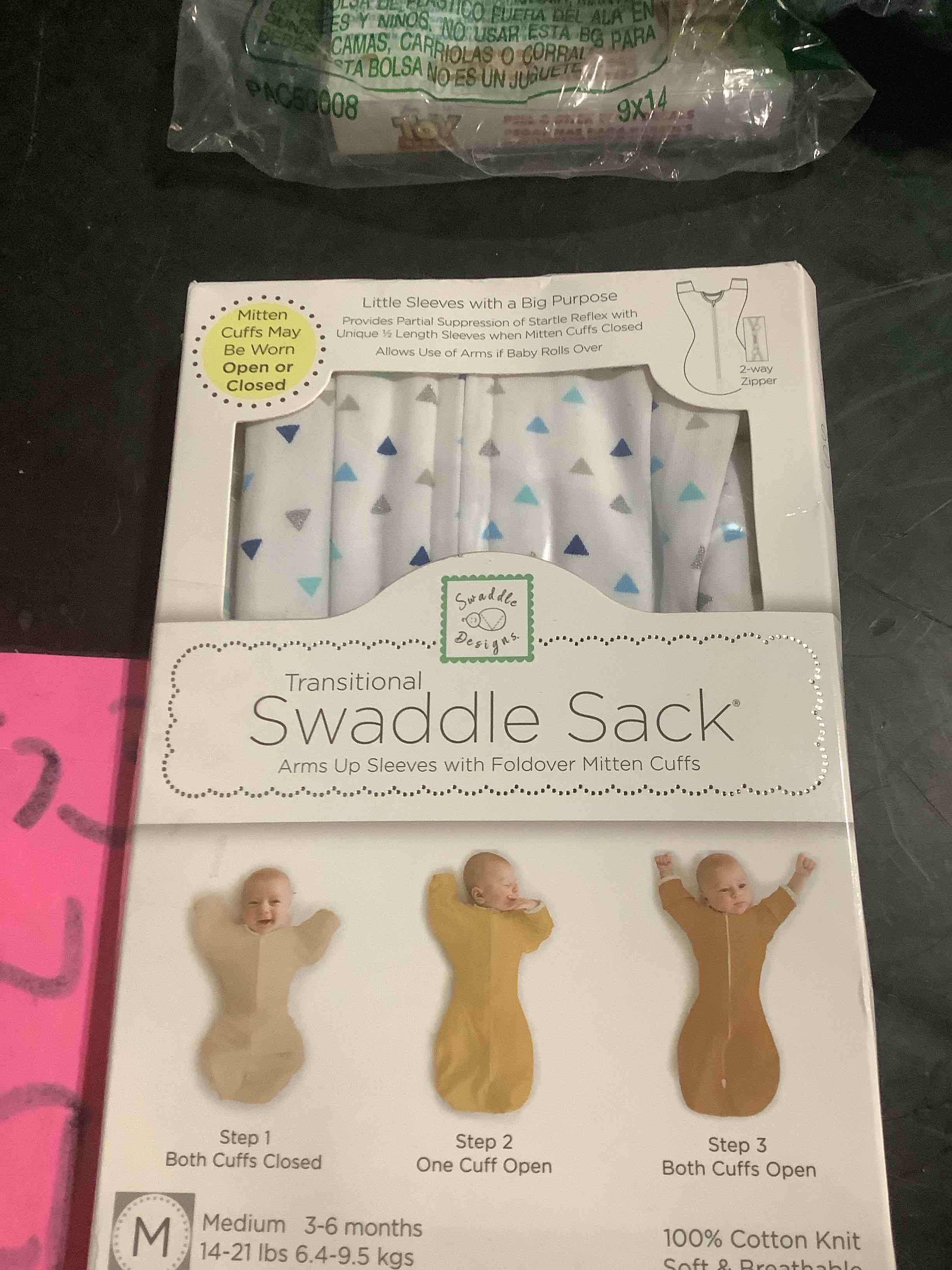 Condition photo showing Good Condition for SwaddleDesigns Transitional Swaddle Sack, Arms Up Half-Length Sleeves & Mitten Cuffs, Swaddle for Newborn Transition to Baby Sleep Sack Wearable Blanket, Lrg, 6-9 Month, 21-24 lb, Blue Tiny Triangles