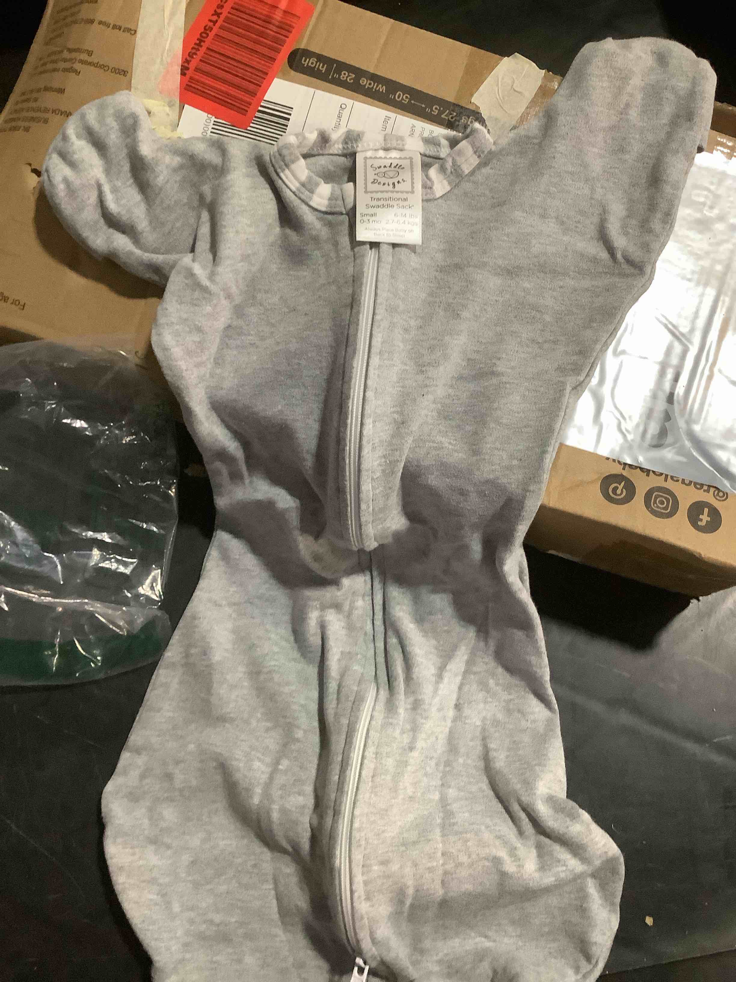 Condition photo showing Good Condition for SwaddleDesigns Transitional Swaddle Sack, Arms Up Half-Length Sleeves & Mitten Cuffs, Swaddle for Newborn Transition to Baby Sleep Sack Wearable Blanket, 6-9 Month, 21-24 lb, Gray with Striped Trim