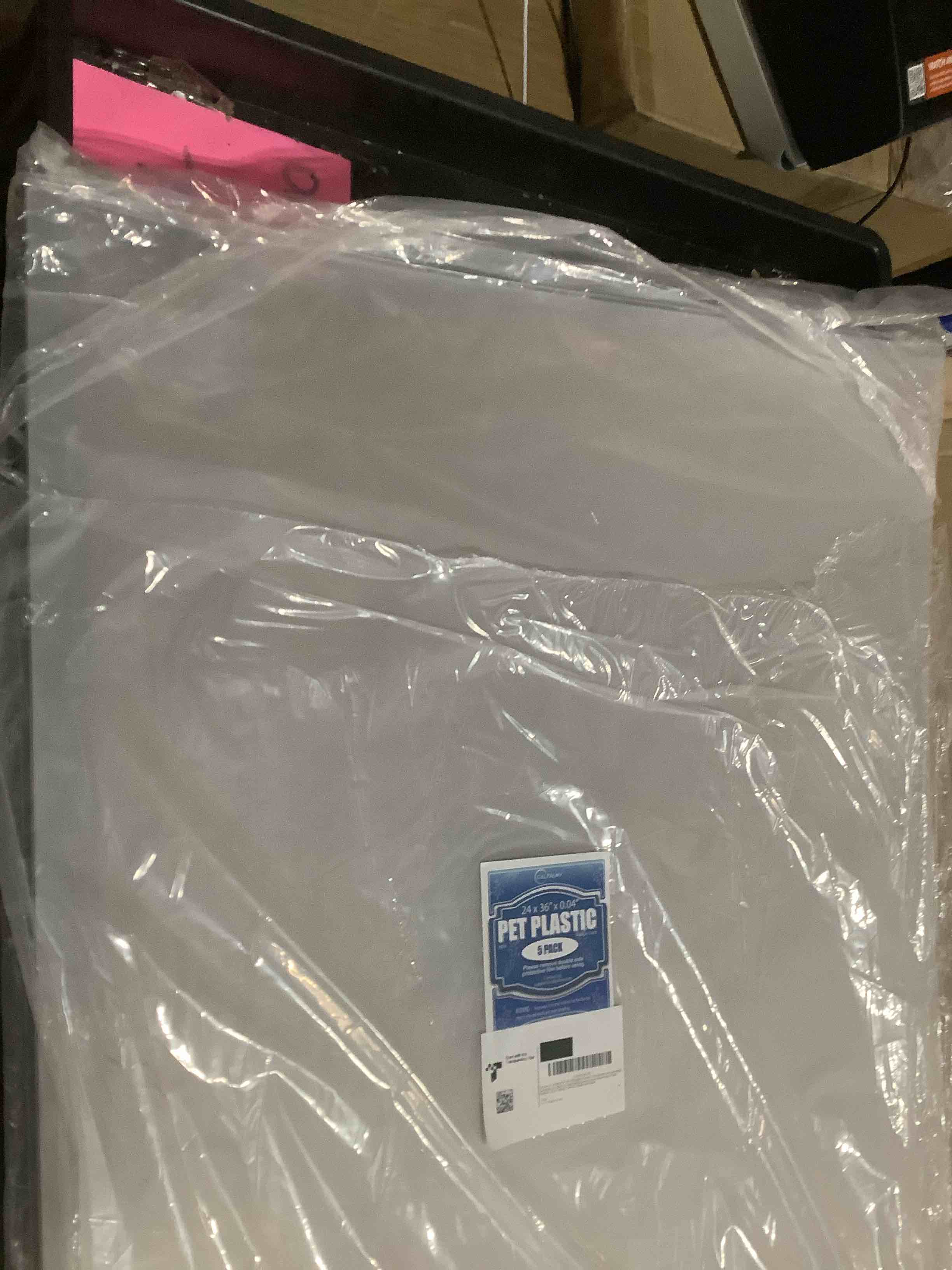 Condition photo showing Good Condition for 5 Packs of 24x36x0.04’’ PET/Plexiglass Panels | Unbreakable and Lightweight Substitute for Glasses | Great Use for Sneeze Guard Greenhouse, Poster Frames, Cricut Cutting | Safe for Children and Adults 24x36x0.04 Inch (Pack of 5) 5