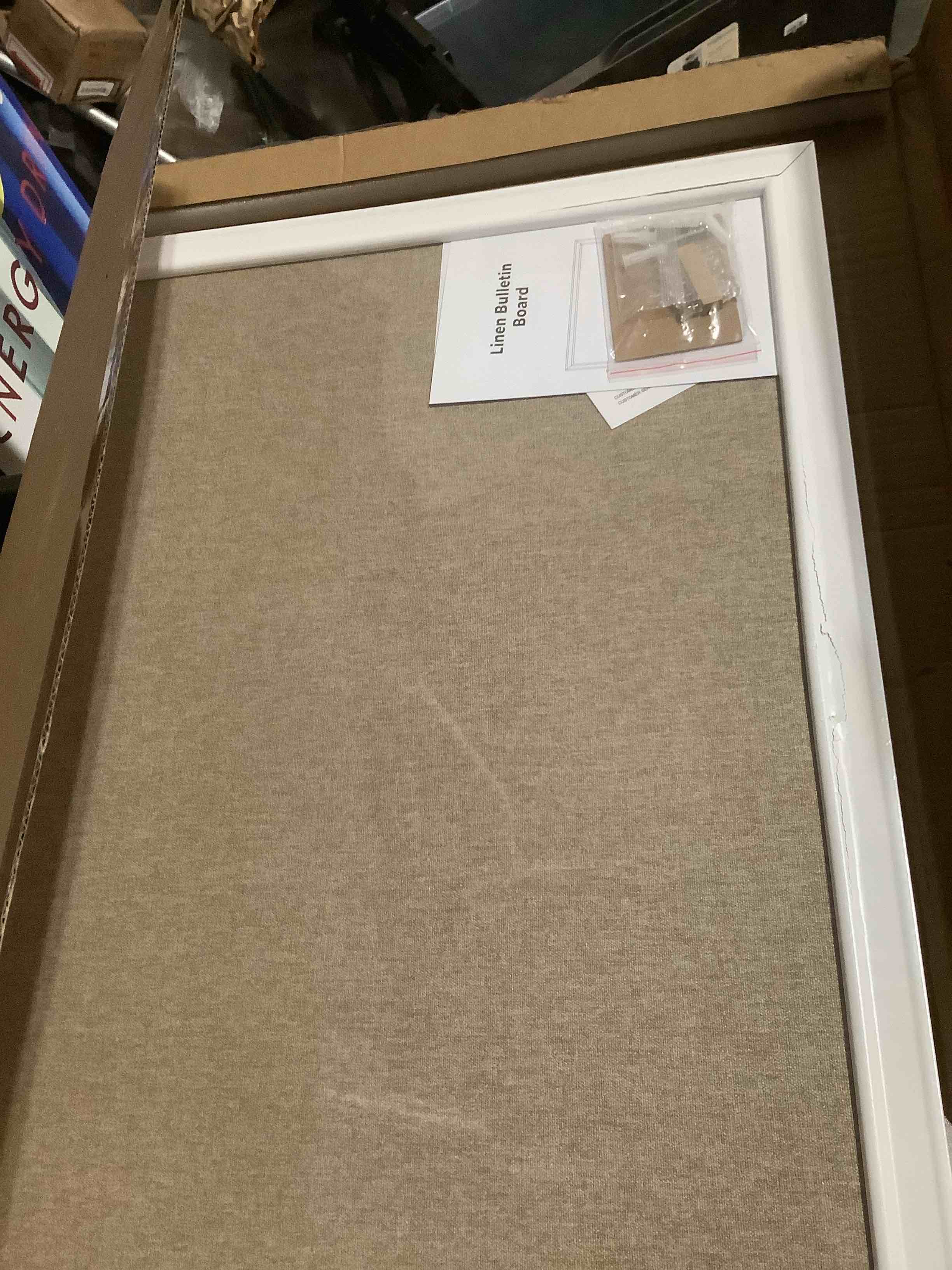 Condition photo showing Good Condition for U Brands Farmhouse Linen Bulletin Board, 30" x 20", White Wood Frame, Wall Mounted Pin Board for Home Office, Classroom & Kitchen, Includes Push Pins 30"x20" Natural Linen