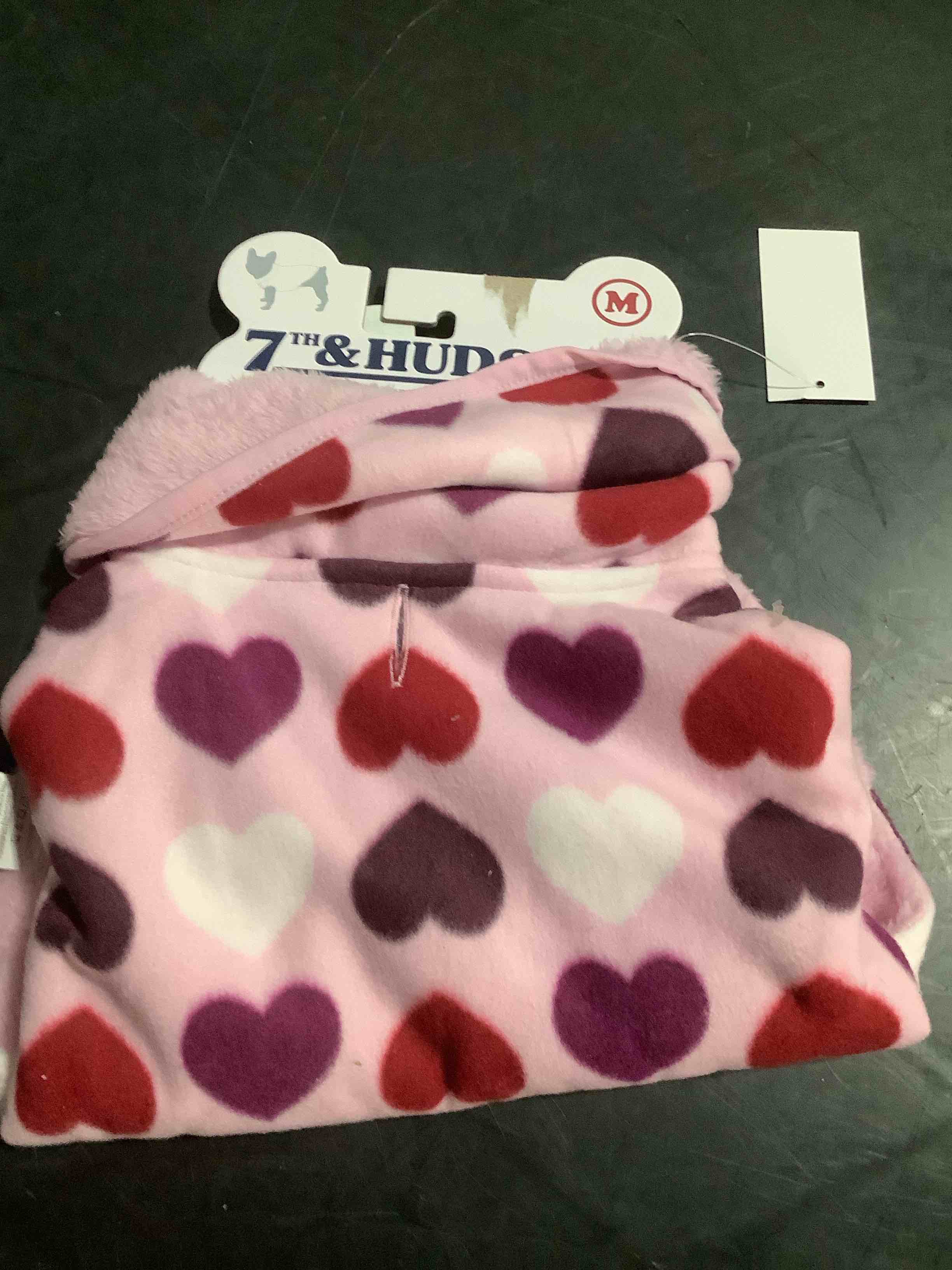 Condition photo showing Good Condition for pet clothes, warm winter dog jacket, heart print velour fest of Valentine’s Day, pet apparel cold resistant hoodie, medium
