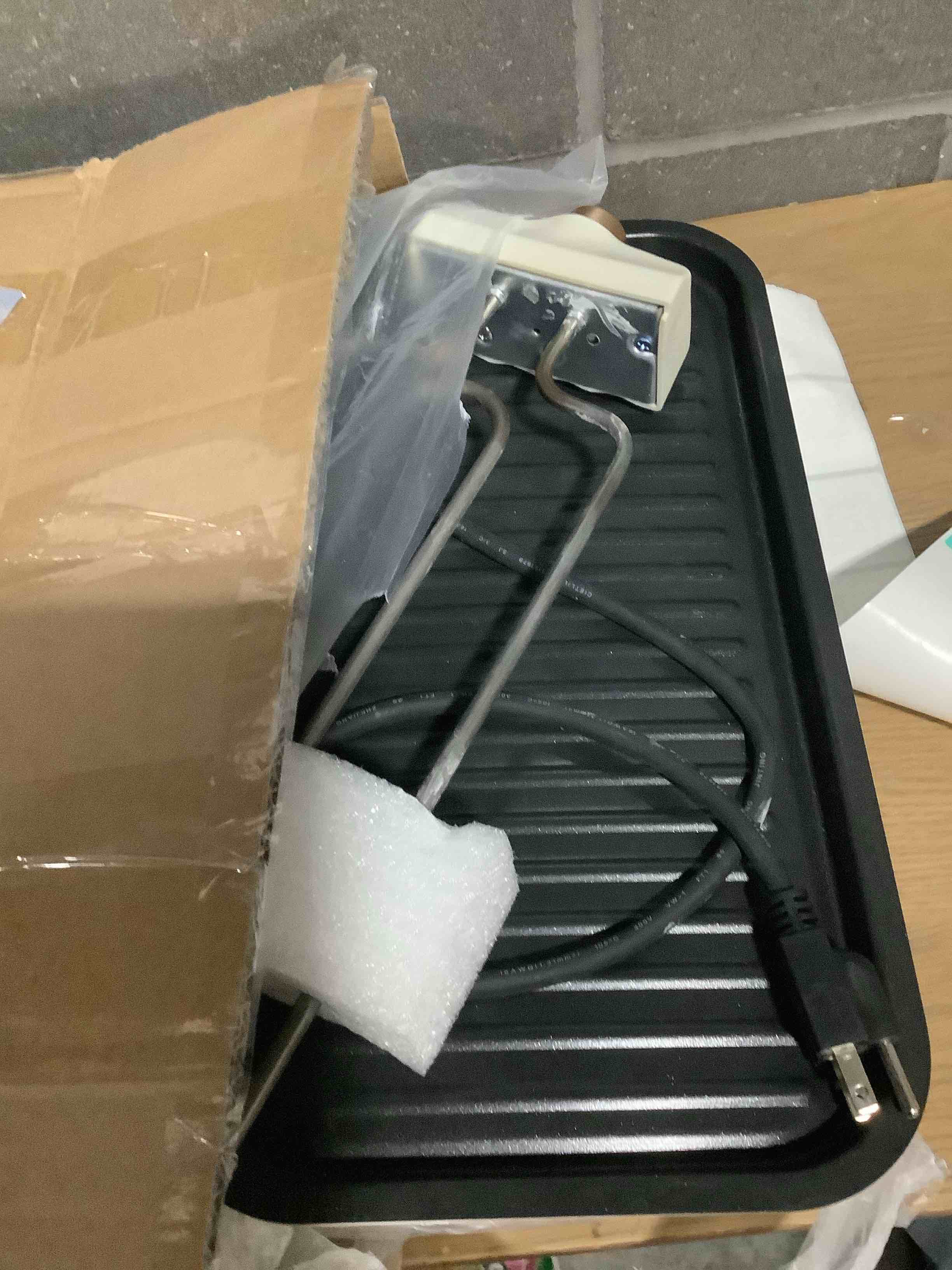 Condition photo showing As Is for Electric Indoor Grill 1500W, YOHAWJAN 2 in 1 Smokeless Indoor Grills with Non-stick Removable Grill & Griddle Plate, Temperature Control, Portable Korean BBQ Grill with 3 Raclette Cheese Pans off-white