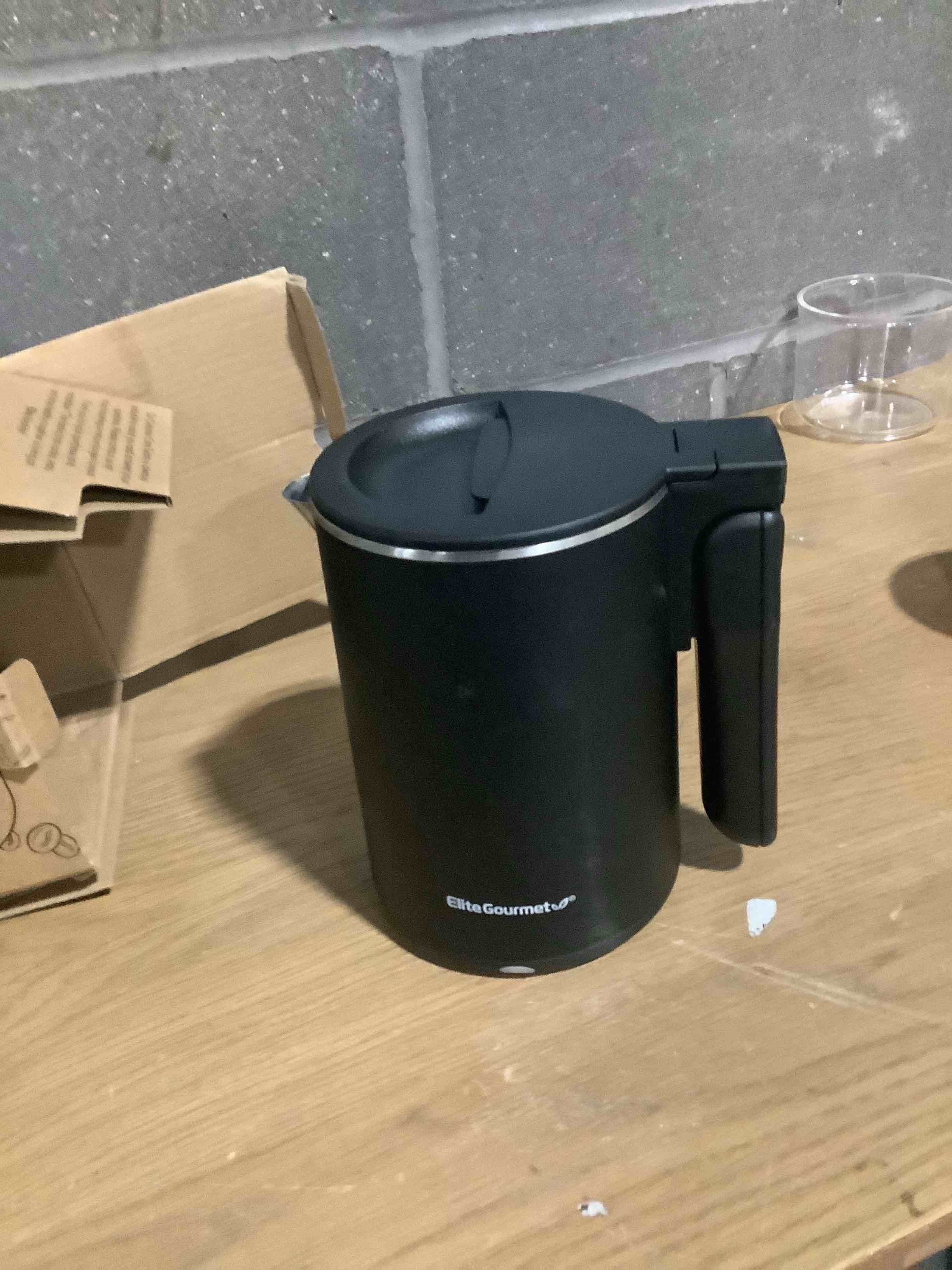 Condition photo showing Good Condition for Elite Gourmet Dual Voltage 120-230V, Travel Double Wall Insulated Cool-Touch, 0.6L Electric Kettle Stainless Steel Interior, Hinged-Locking Lid, Auto Shut-Off, Boil Dry Protection, Black 0.6 Quarts