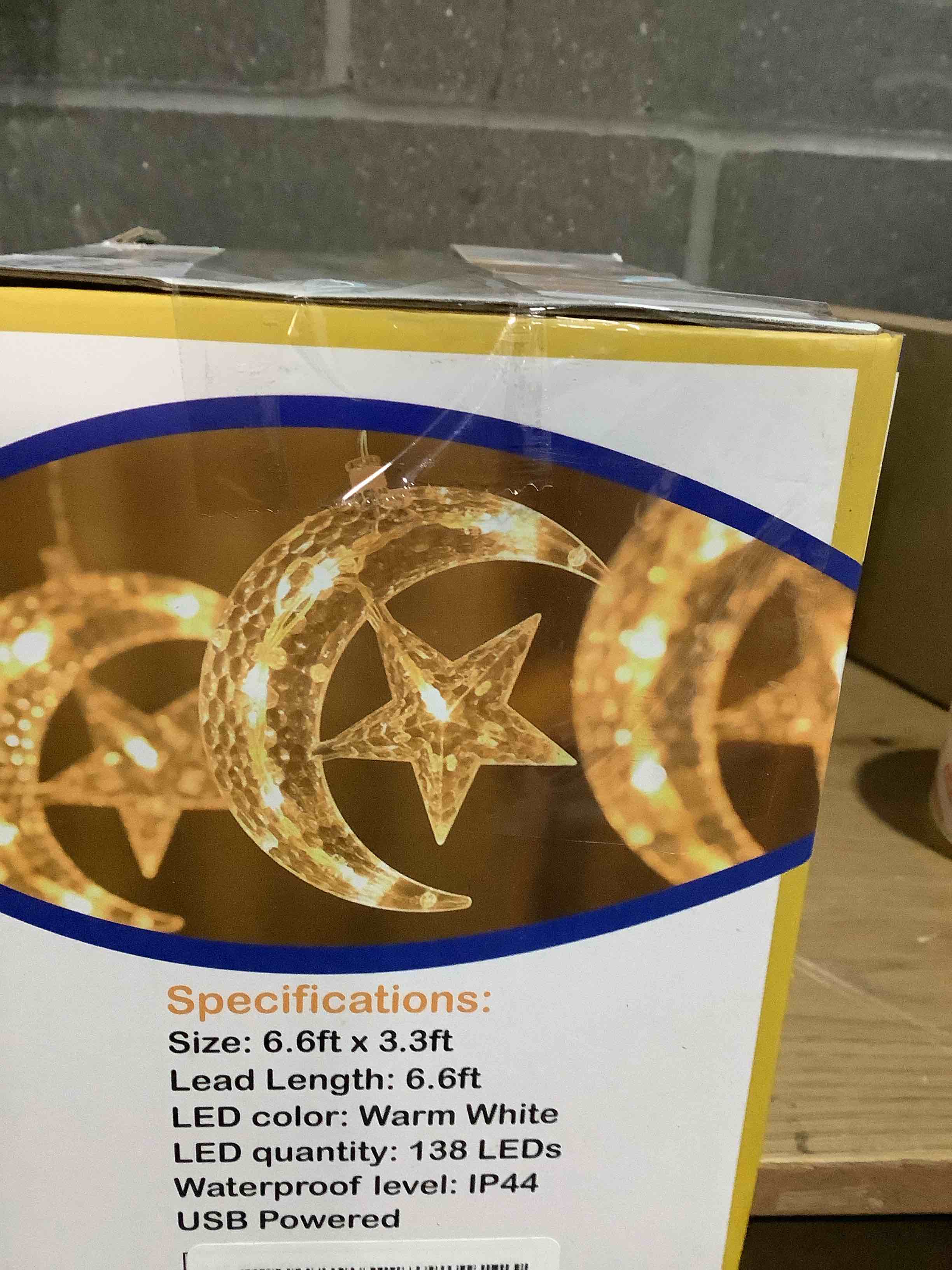 Condition photo showing Good Condition for WATERGLIDE 138 LED Star Moon Curtain Decorative Lights, Window Curtain Fairy String Lights, Remote Control & USB Plug, 8 Lighting Modes for Home Holiday Ramadan Christmas Wedding Party, Warm White