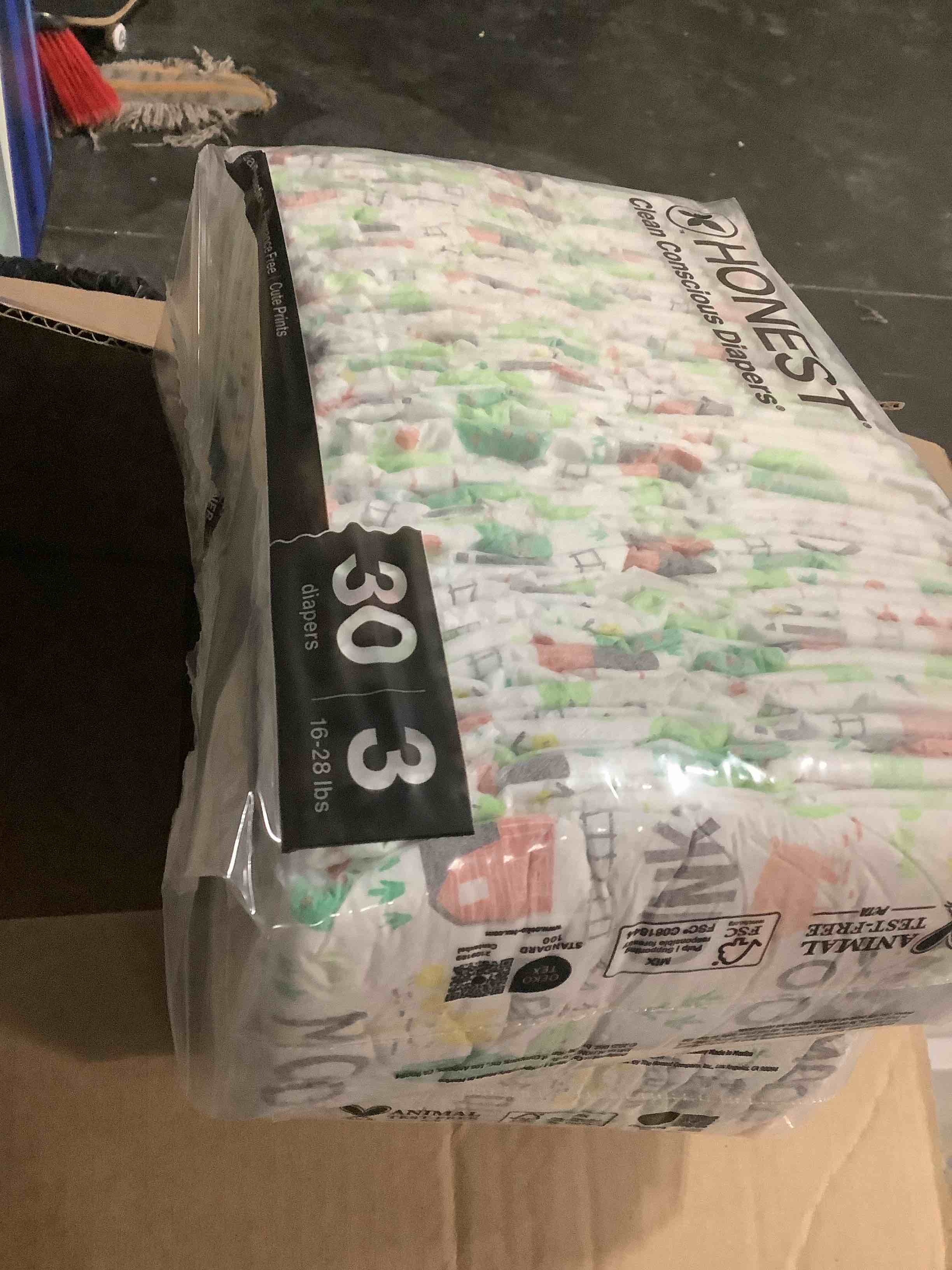 Condition photo showing New/Like New for The Honest Company Comfort Dry Disposable Diapers for Sensitive Skin, Hypoallergenic 3 (60 Count) Barnyard Babies + Donut Grow Up