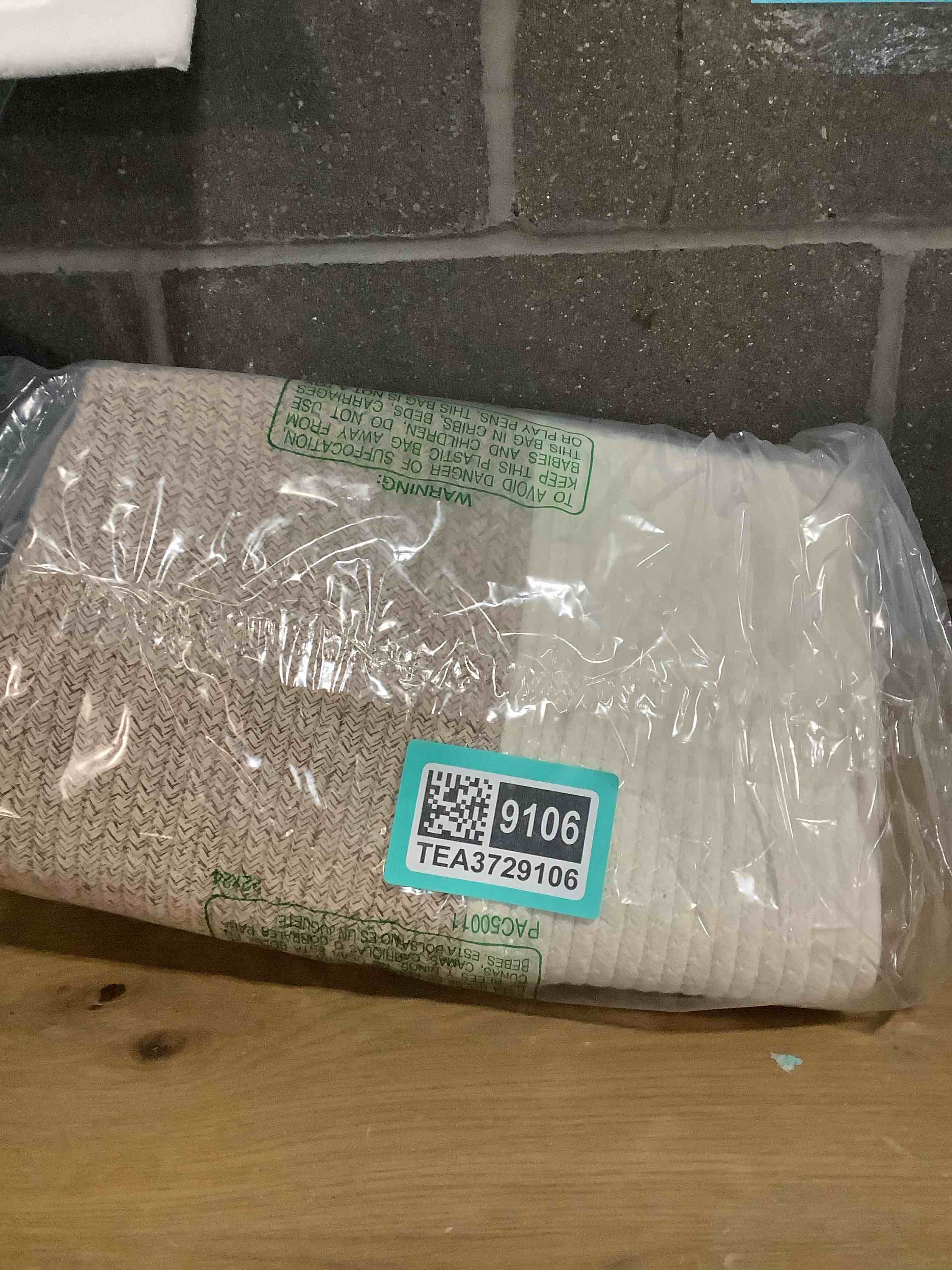 Condition photo showing New/Like New for Goodpick Woven Storage Baskets for Organizing, Blanket Basket Living Room, Rope Baskets for Storage, Rectangle Toy Basket With Handles, Brown and White, 18 x 14 x 12 Inches Light Brown 18"L x 14"W x 12"H