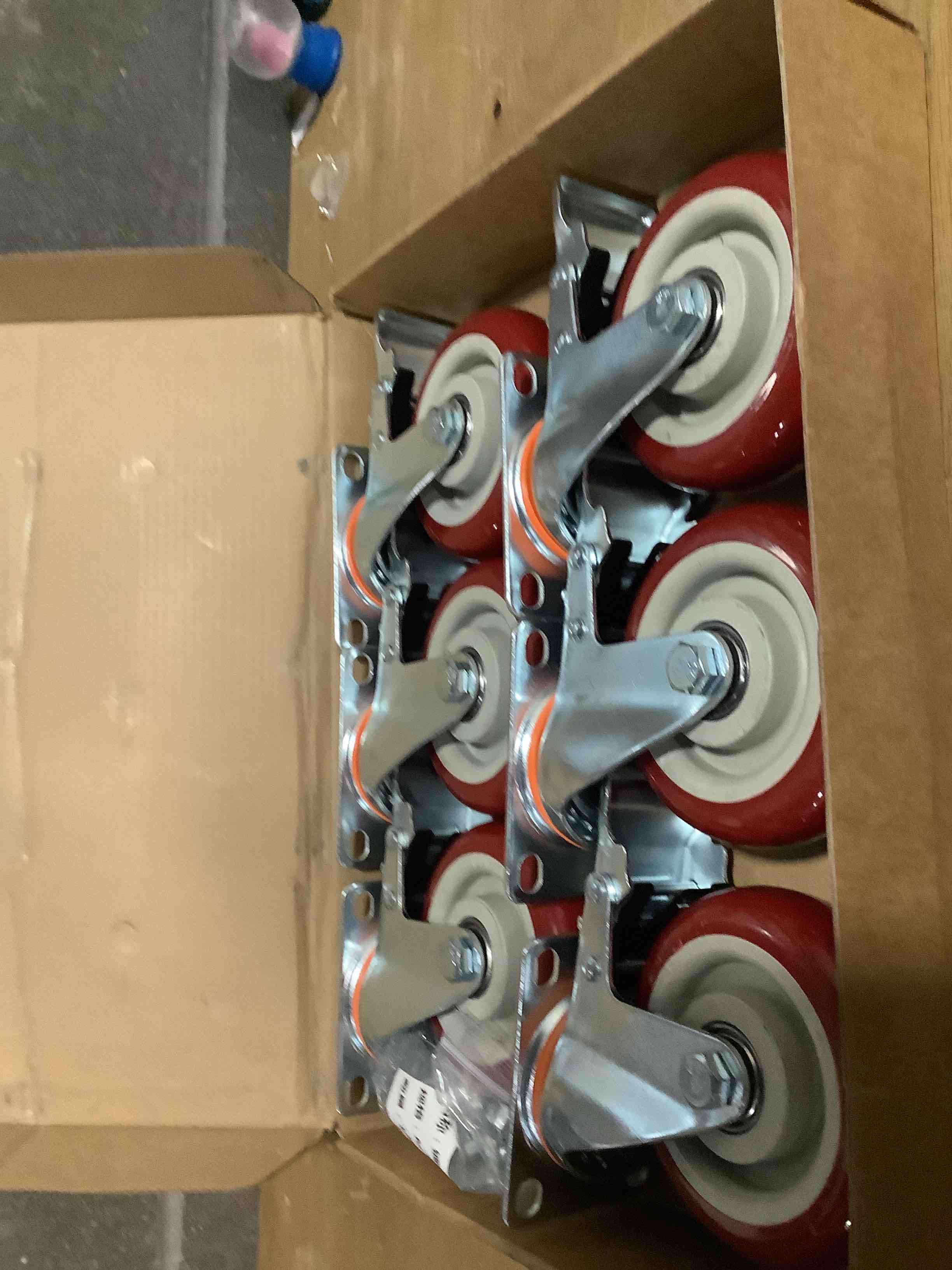 Condition photo showing Good Condition for 6 Pcs 4 Inch Heavy Duty Casters, (6 casters Load Capacity 3300 lbs) Lockable Swivel Bearing Caster with Brakes for Workbenches, Shelves, Carts, Etc. 6 Pcs 4" (red)