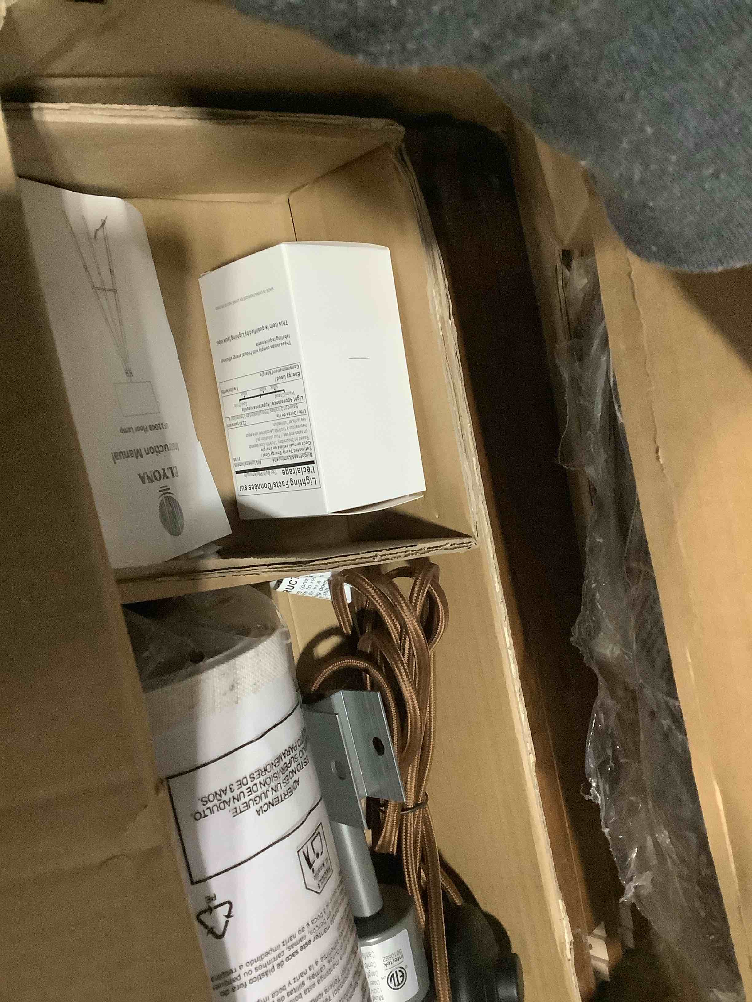 Condition photo showing As Is for ELYONA Tripod Floor Lamp with Table, Mid Century Wood Shelf Standing Light Modern Tall Floor Lamp with Linen Shade for Living Room Bedroom Office,Dark Brown, 3 Color Temperatures LED Bulb Include Vintage,Farmhouse, Modern, Industrial, Rustic, Retro