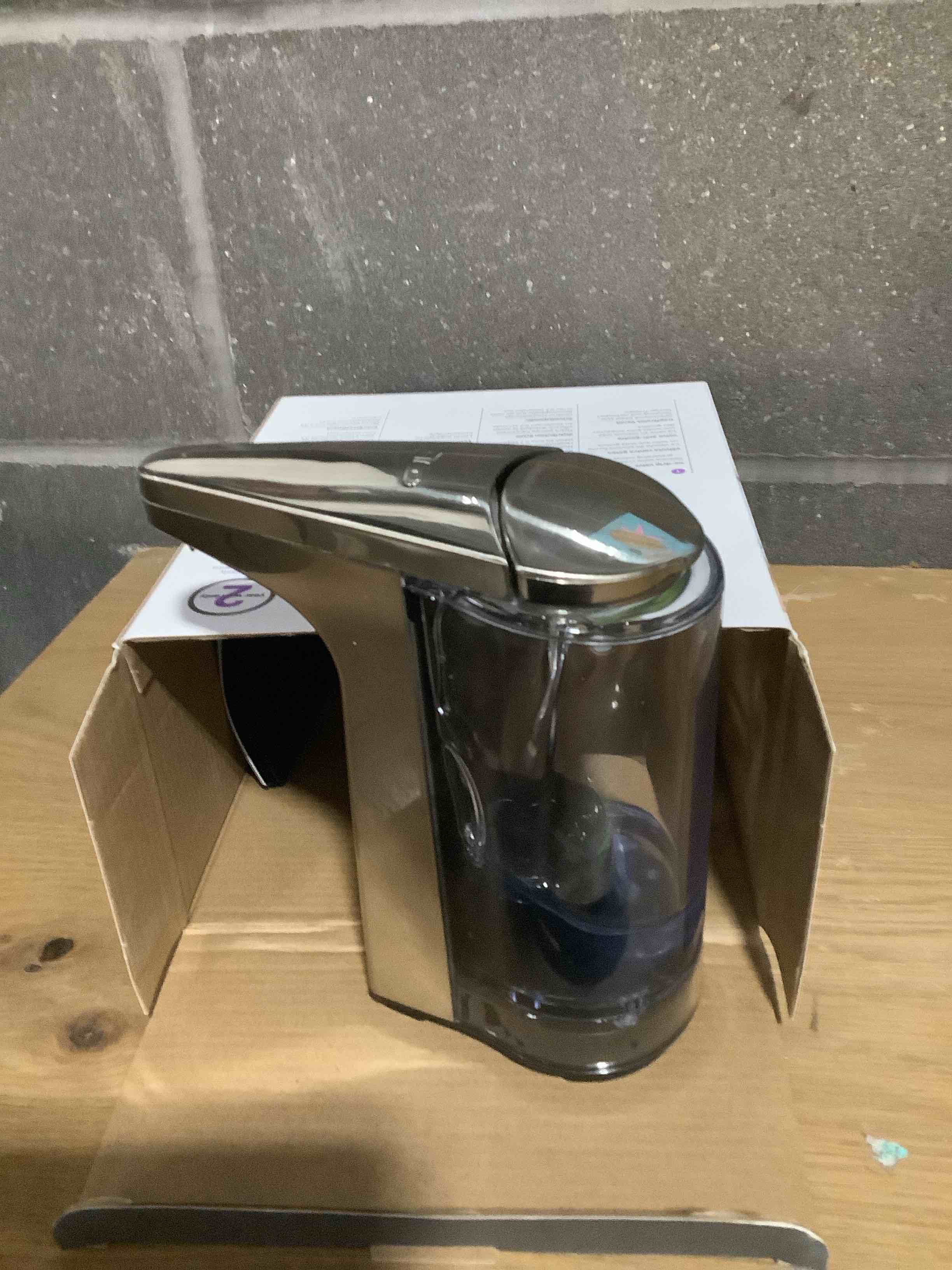 Condition photo showing As Is for simplehuman 8 oz. Touch-Free Sensor Liquid Soap Pump Dispenser with Soap Sample, Brushed Nickel Brushed 8 oz. Battery Operated