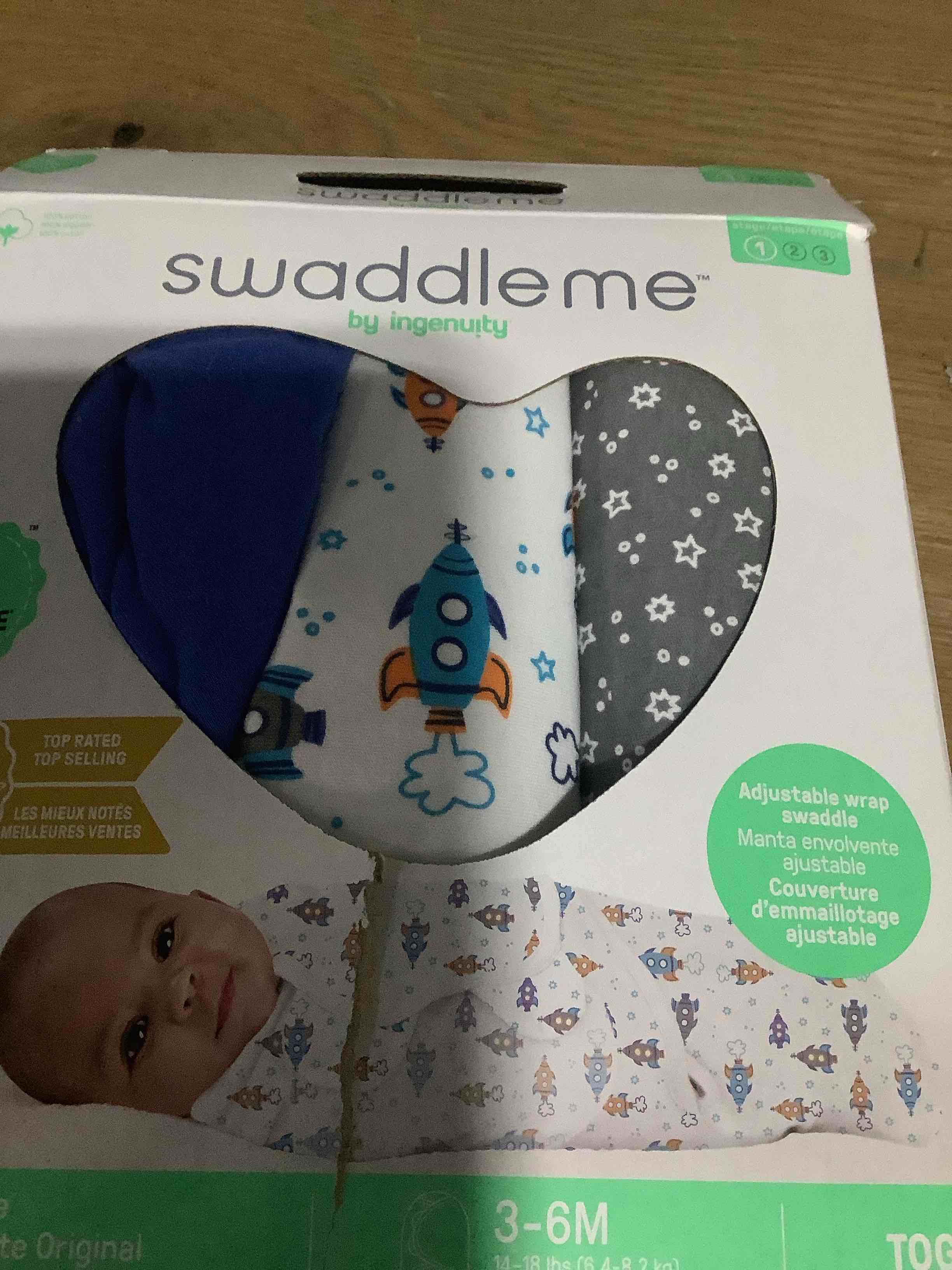 Condition photo showing Good Condition for SwaddleMe by Ingenuity Original Swaddle, 100% Cotton, Improves Sleep & Calms Startle Reflex, 3-6 Months, 1.0 TOG, 3-Pack, Baby Swaddle Blanket - Superstar Blue/Gray/White Large (Pack of 3)