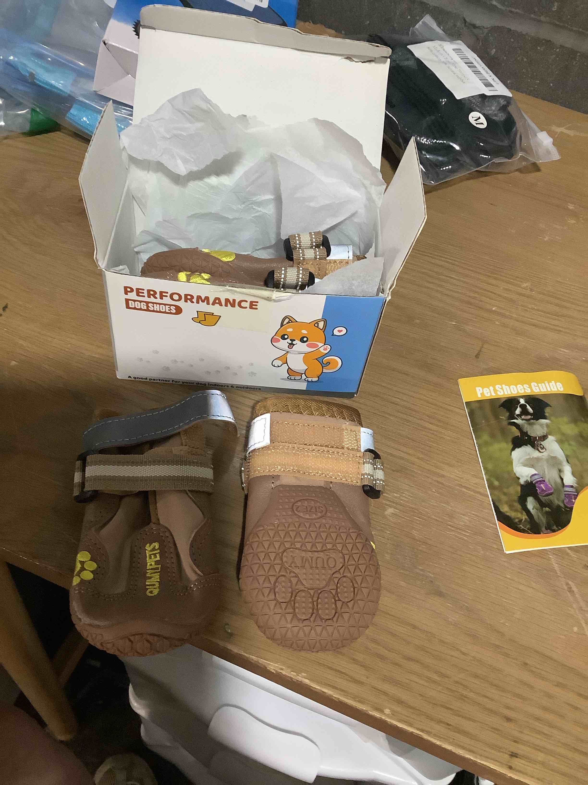 Condition photo showing New/Like New for QUMY Dog Shoes for Large Dogs, Medium Dog Boots & Paw Protectors for Winter Snowy Day, Summer Hot Pavement, Water-Resistant in Rainy Weather, Outdoor Walking, Indoor Hardfloors Skid-Resistant Sole Khaki Size 2: 1.9''x2.4''(W*L) (Pack of 4)