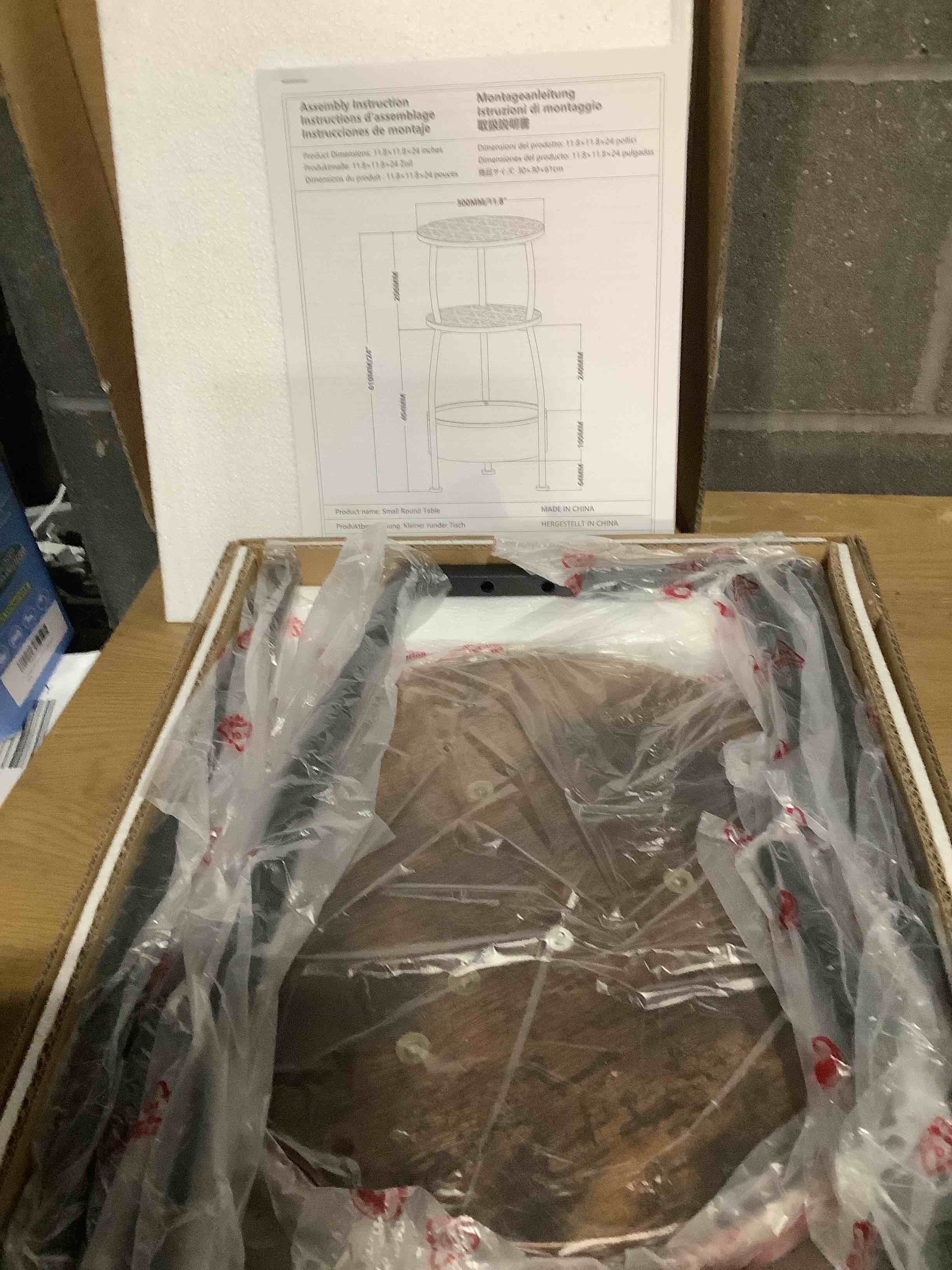 Condition photo showing Good Condition for Small Side Table for Small Spaces with Storage Basket, Round End Table 3-Tier NightStand Sofa Corner Table for Living Room, Bedroom, Patio and More 24in Tall Rustic Brown Rustic Brown 11.81" Dia