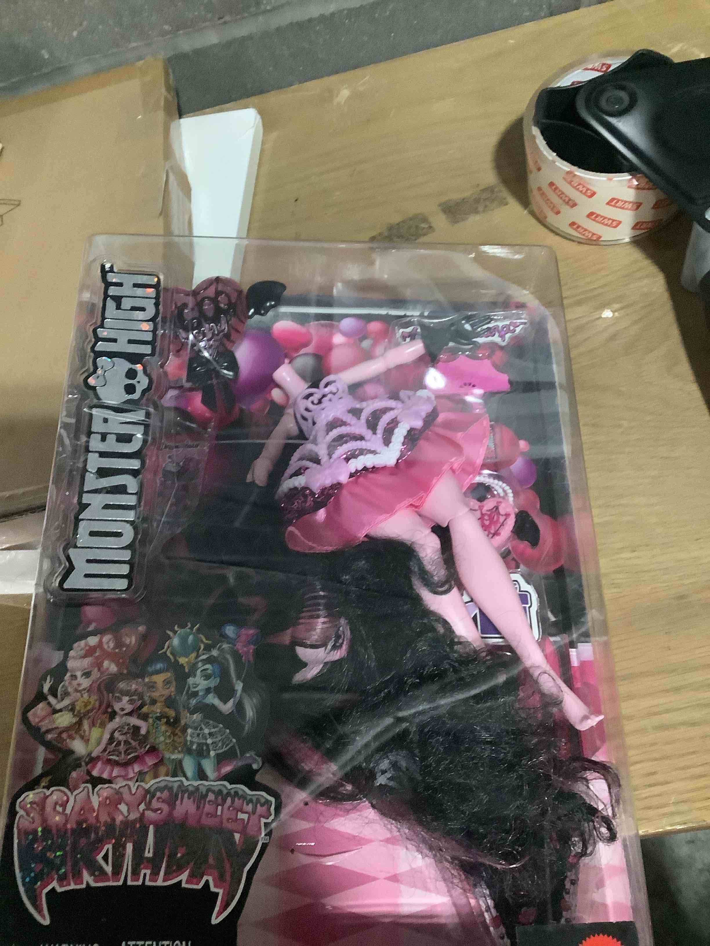 Condition photo showing As Is for Monster High Scary Sweet Birthday Doll, Draculaura in Pink Party Dress with Themed Accessories Like Invite, Balloon, Gift, Fan and More