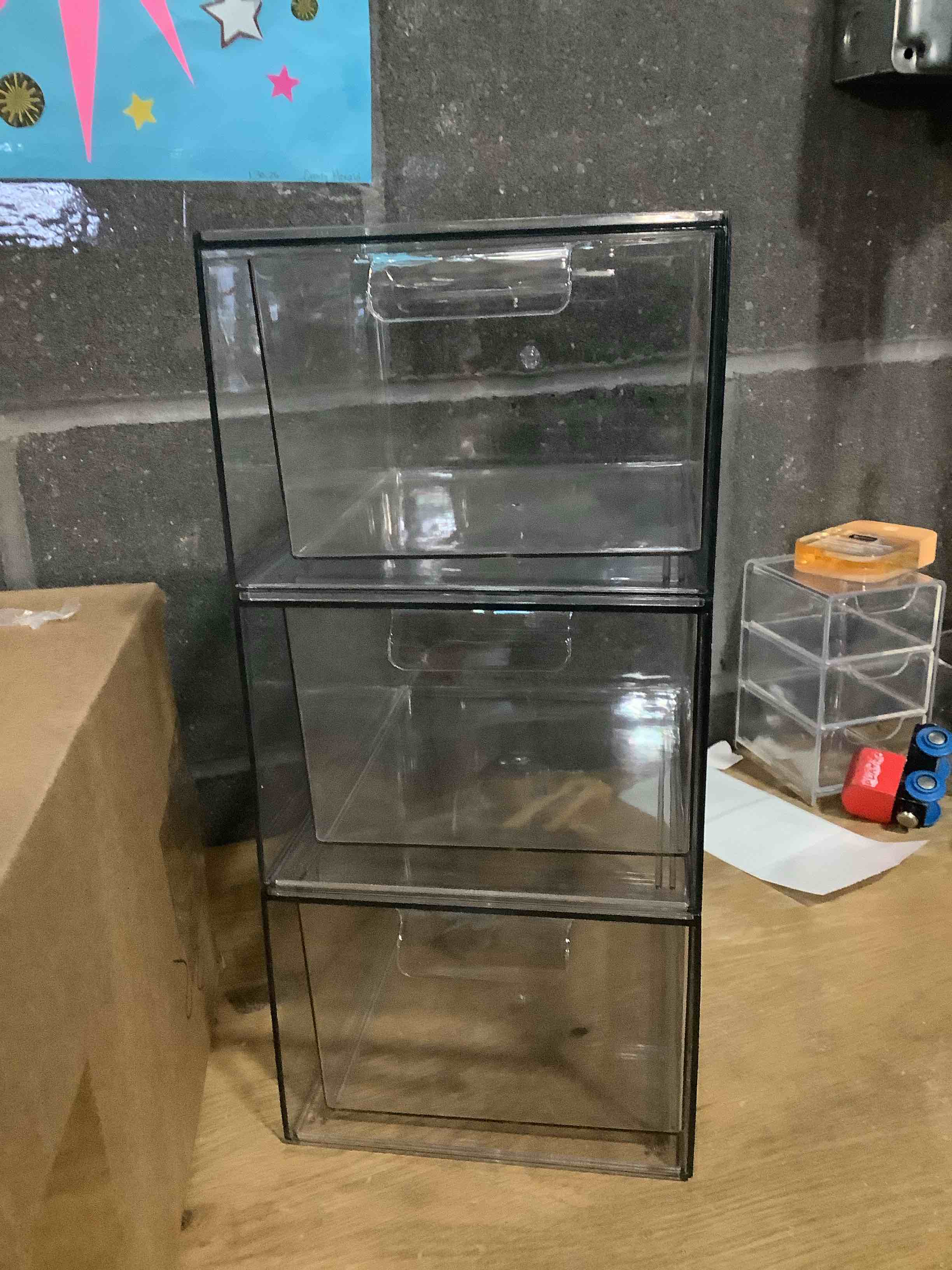 Condition photo showing As Is for Vtopmart 3 Pack Large Stackable Storage Drawers,Easily Assemble Acrylic Bathroom Closet Undersink Organizers and Storage,Plastic Bins for Kitchen Cabinets,Pantry,Makeup,Medicine Organization 4 Clear( 4 Pack)