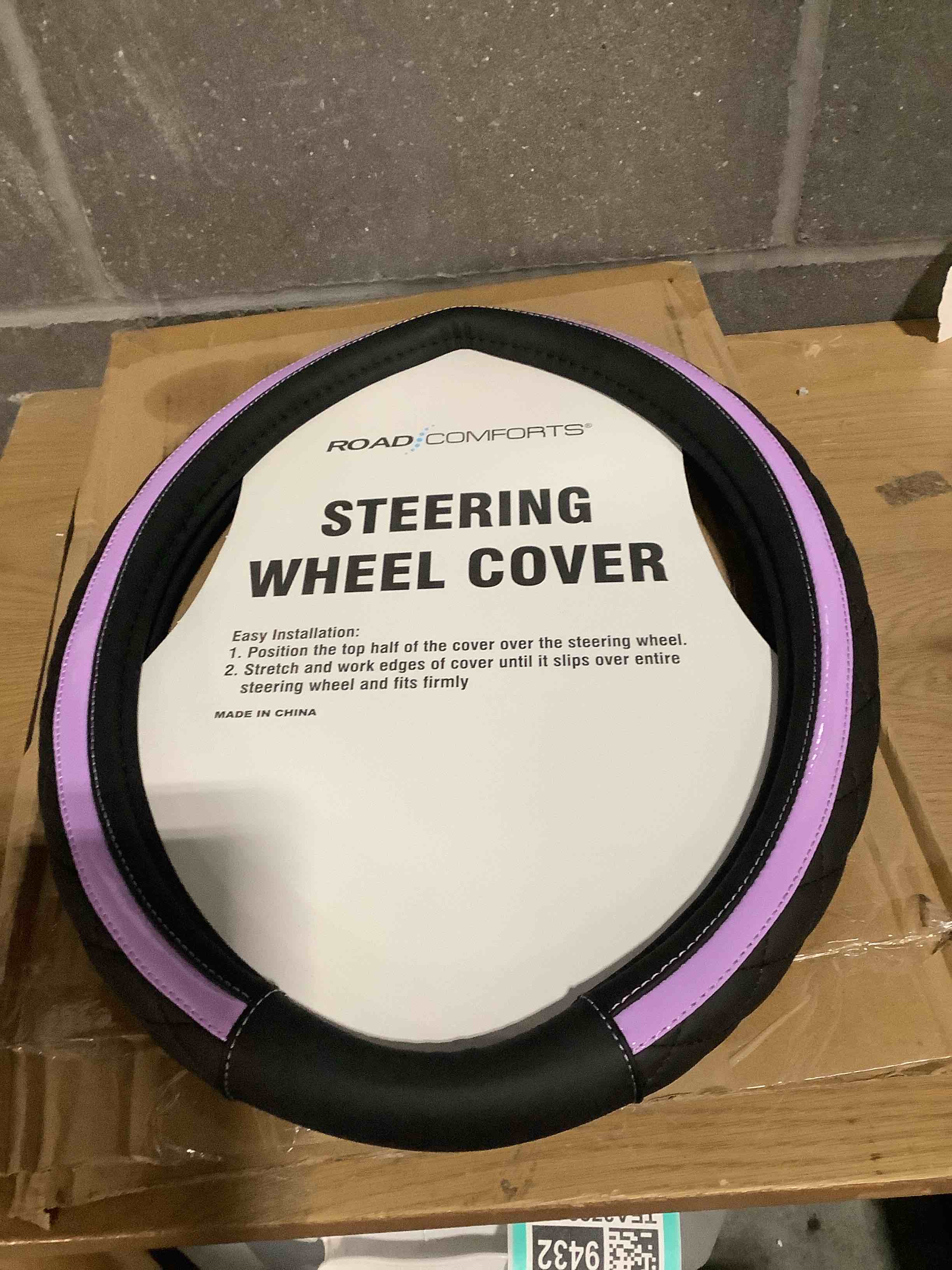 Condition photo showing Good Condition for Road Comforts Leather Steering Wheel Cover – Black & Purple, Universal Fit 14.5-15 Inch, Microfiber Leather, Anti-Slip & Breathable Design for Men and Women