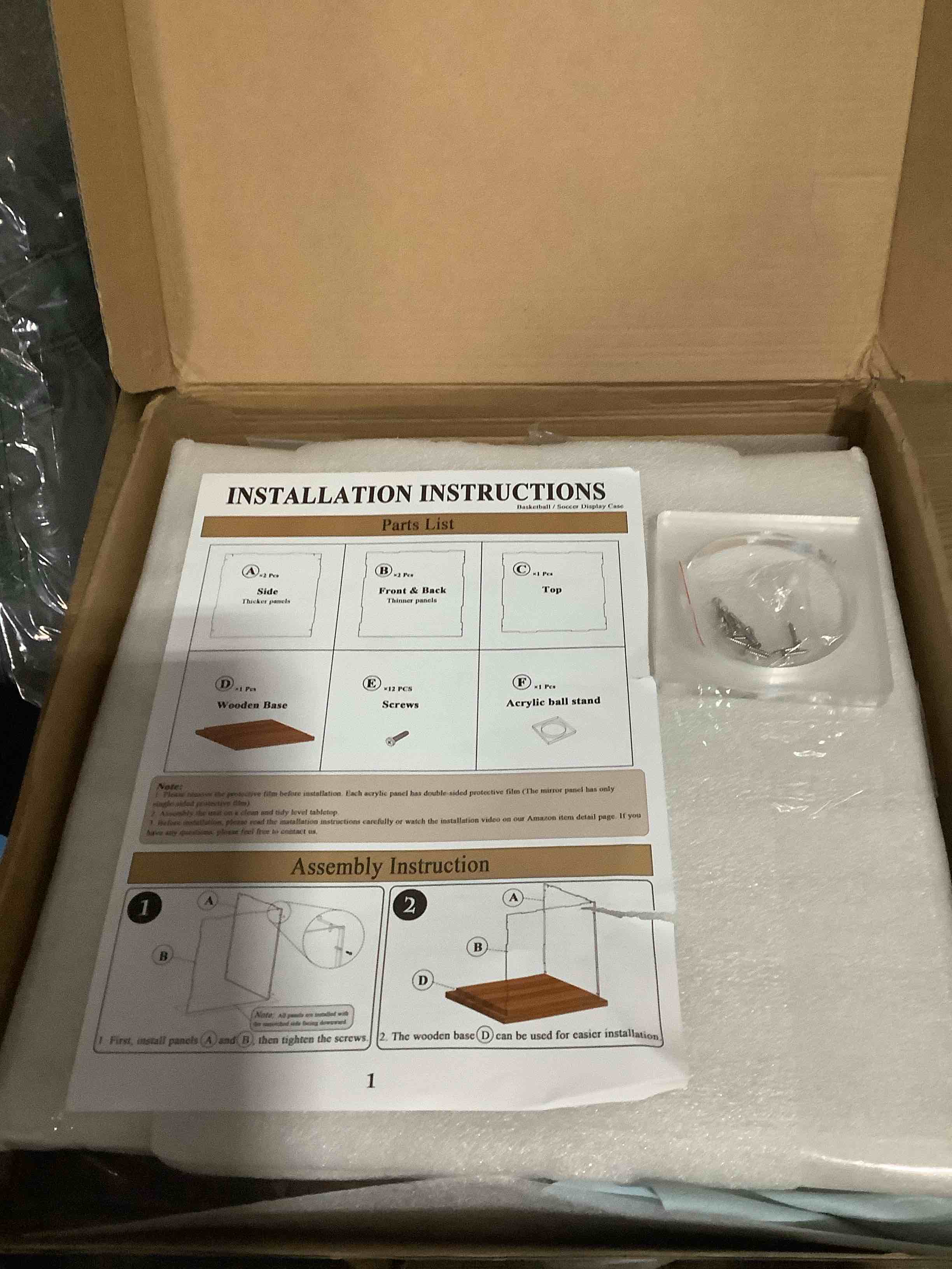 Condition photo showing Good Condition for Basketball Display Case with Wood Base, Clear Acrylic Basketball Case Display Box with Removable Built-in Ball Holder for Autographed Balls, Sports Collectibles, Memorabilia Displays Basketball Case 1