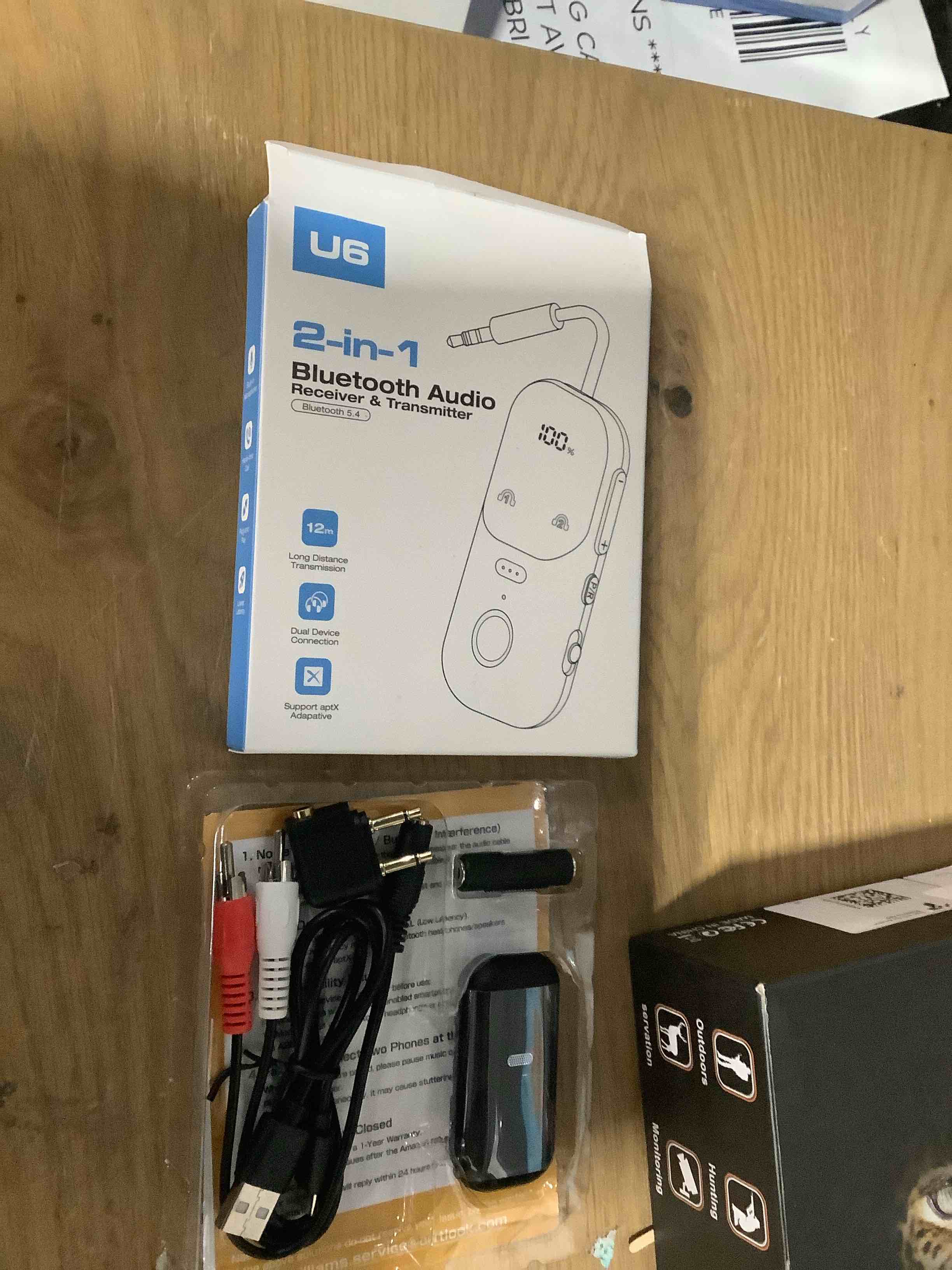 Condition photo showing Good Condition for Bluetooth 5.4 Transmitter Receiver aptX Adaptive for 2 AirPods/Headphones, 2-in-1 Bluetooth Audio Adapter with Mic & LED Display for TV, Airplane Travel, 3.5mm AUX Wireless Adapter for Car/Home Stereo Black