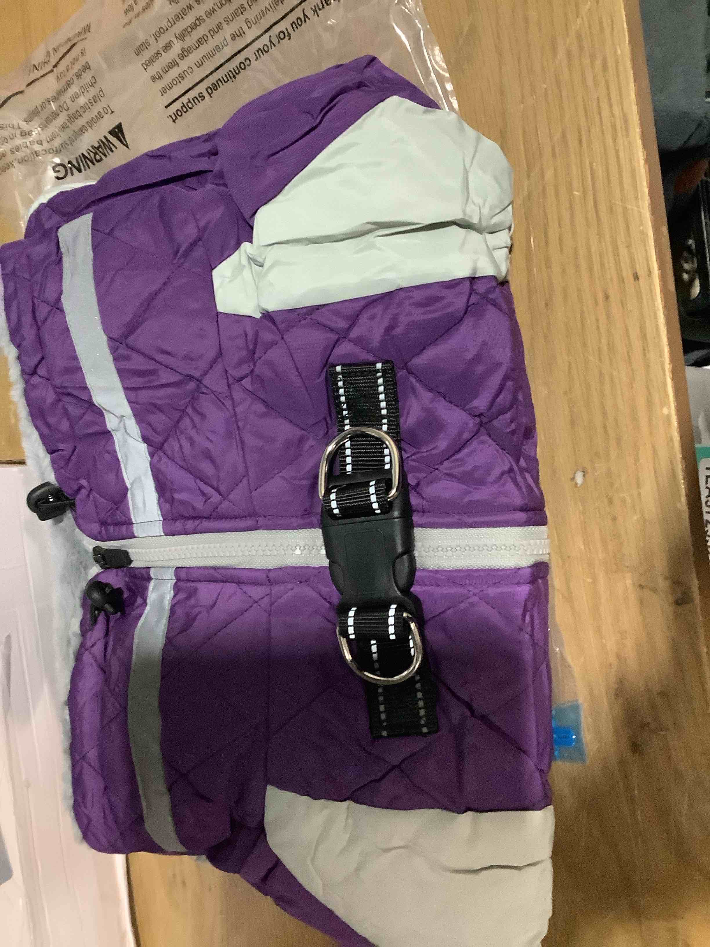 Condition photo showing Good Condition for MIGOHI Full Body Dog Coat - Warm Reflective Large Dog Winter Coat with Harness,Turtleneck Fleece Jacket for Dogs,Four-Leg Windproof Puffer Jackets Snowsuit with Zipper for Small Medium Large Dogs,2XL Purple XX-Large(Back:23.6")
