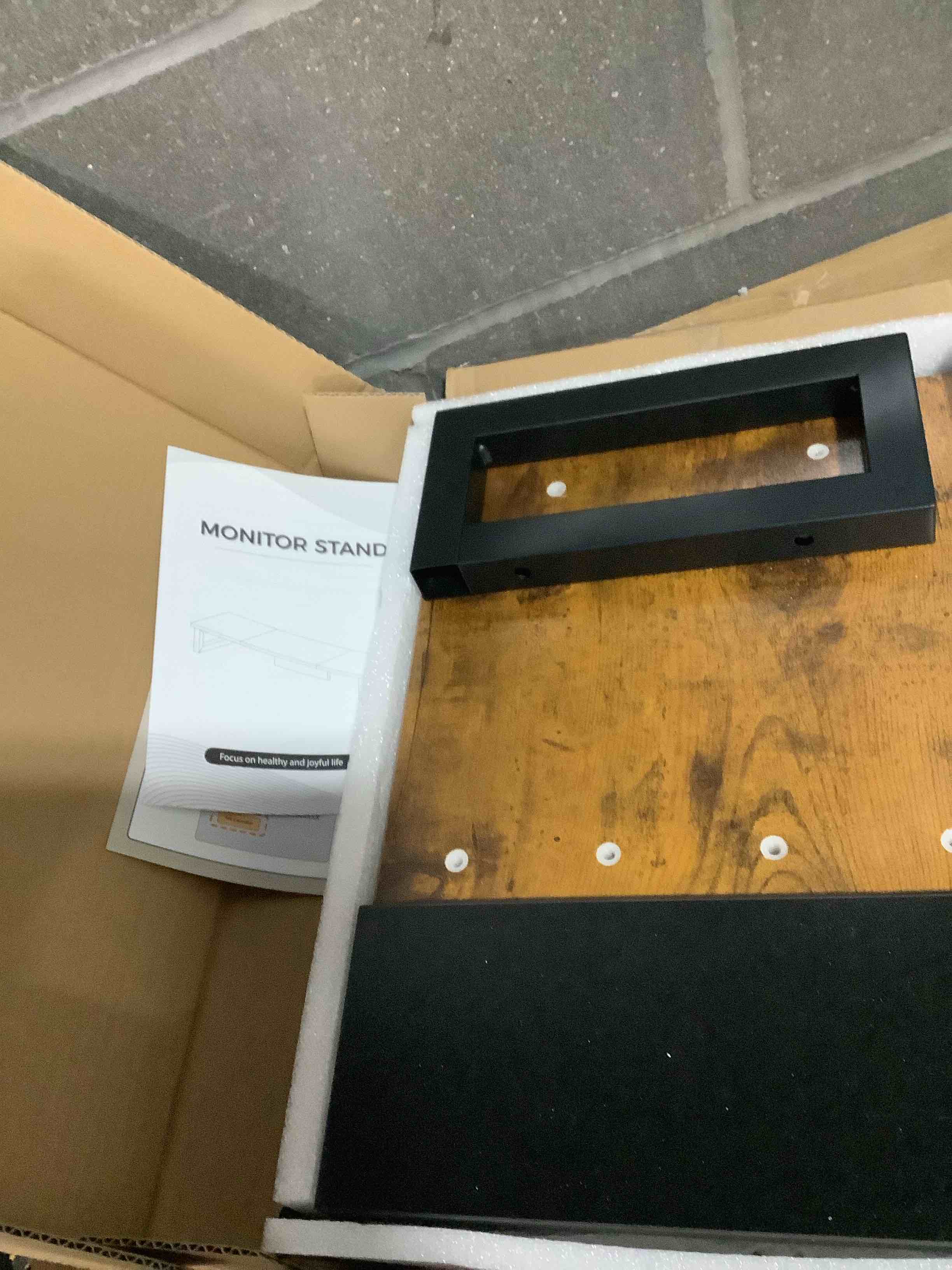 Condition photo showing Good Condition for WESTREE Dual Monitor Stand Riser, Wood and Steel Multi-Purpose Desktop Storage Stand for 2 Monitors for Computer, Laptop, Printer, TV, Rustic Brown Rustic Brown Large