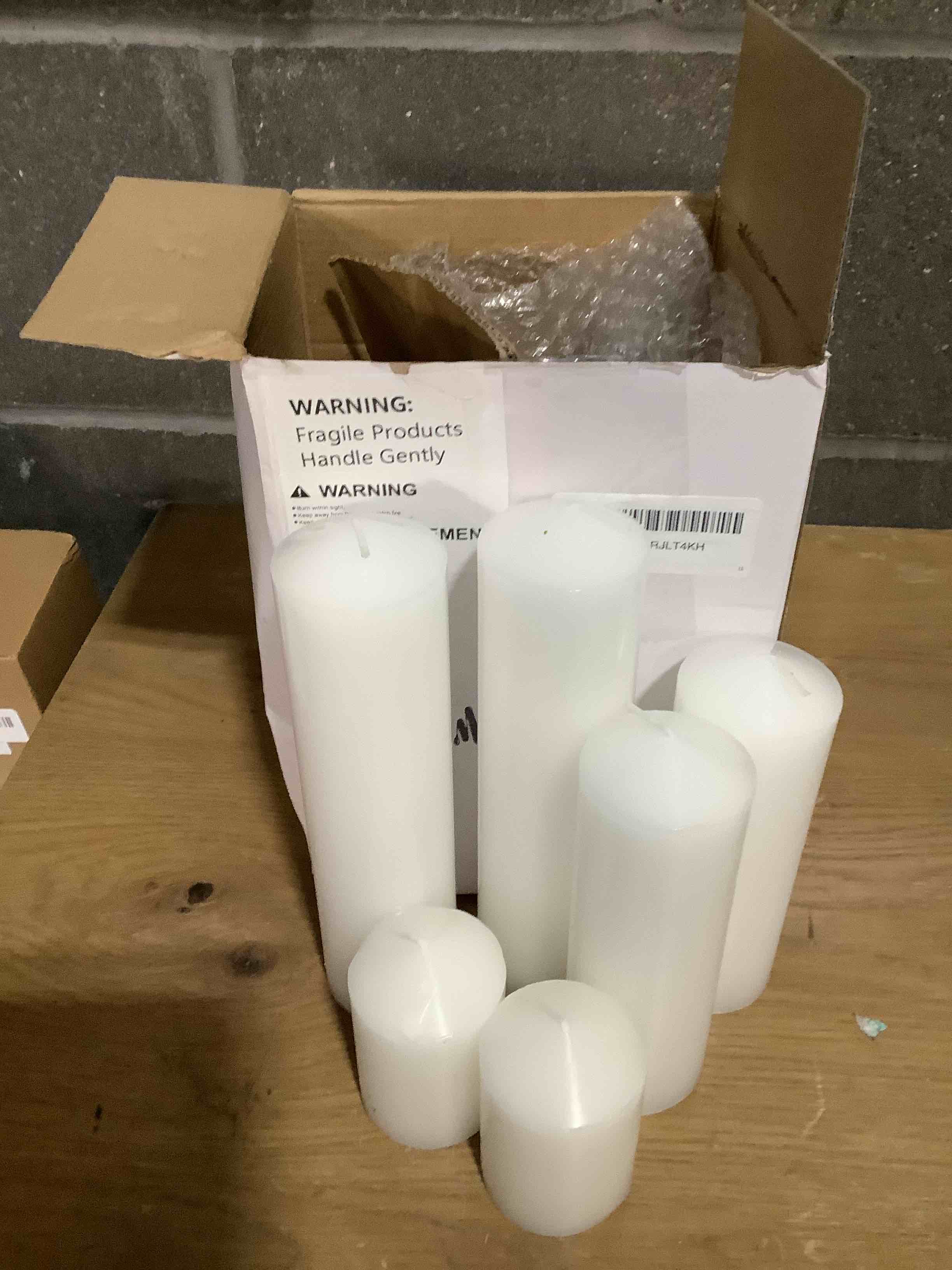Condition photo showing Good Condition for MTLEE 6 Pcs Pillar Candles 3 Set 2 in x 3, 6, 8 Inch Smokeless Dripless Unscented Pillar Candles Long Clean Burning Wax for Wedding Dinner Party Spa Emergency Ceremony Home Decor(White)